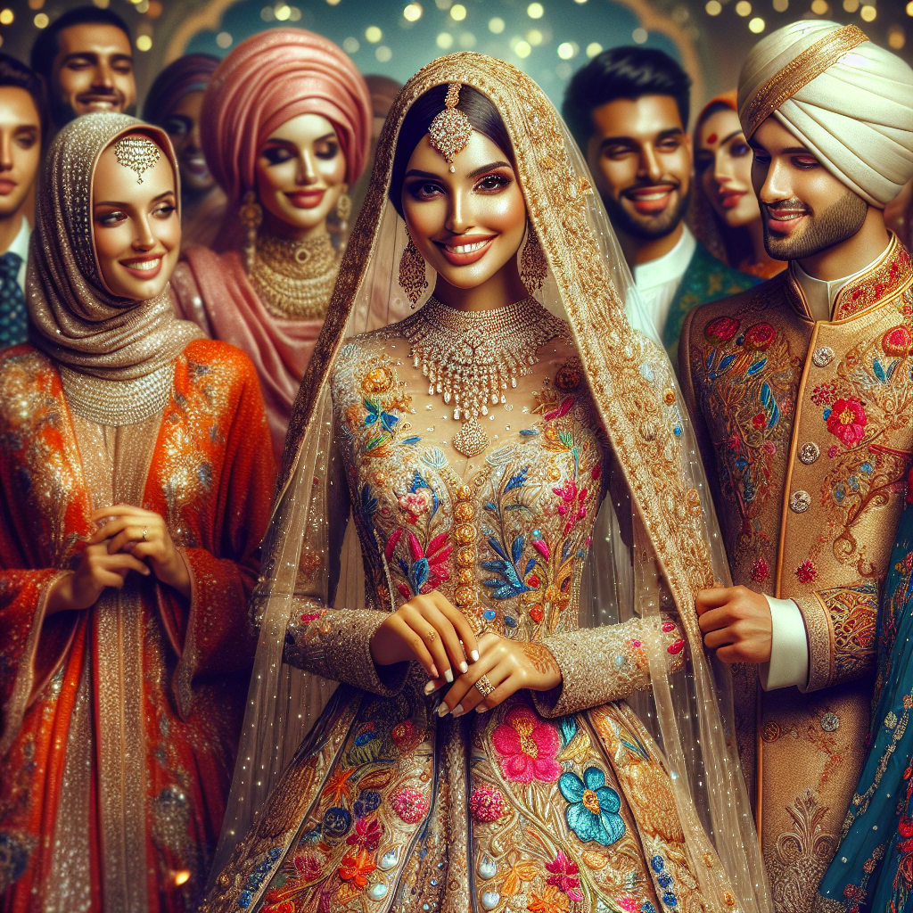 Stunning Outfits for Muslim Weddings: Effortless Elegance Picture a scene of a joyful Muslim wedding. To the center, a South Asian bride in a vibrant-hued wedding dress, adorned with intricate golden threadwork and sparkling gems, her veil adding an aura of mystique. To her side, a Hispanic groom in an elegant traditional sherwani, richly embroidered, radiating regality. Additional guests surround them, each notably swathed in chic and elegant attire, from flowing silhouettes of abayas to the more structured lines of kurta pajamas, each outfit with its unique color and intricate design standing out. This vision radiates beauty, culture, and effortless elegance.