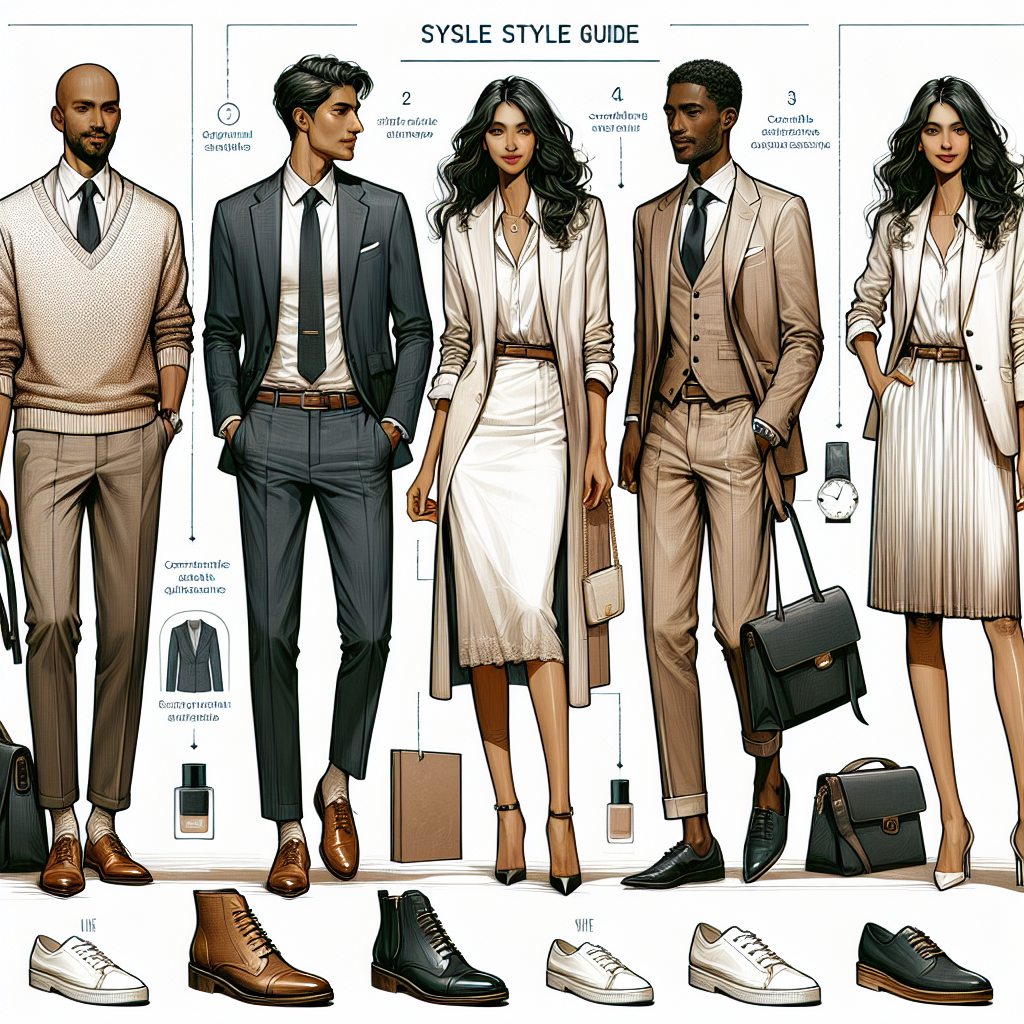 A comprehensive style guide for a professional conference. This guide includes detailed depictions of three must-have looks for attendees that fuse comfort and style. The first look is a casual business attire featuring a sharp blazer and comfortable trousers worn by a South Asian man. The second look is an elegant outfit featuring a chic dress worn by a Caucasian woman. The third look showcases comfortable yet stylish footwear suitable for long hours, as demonstrated by a Black woman. Each look is accompanied by matching accessories that enhance the overall outfit.
