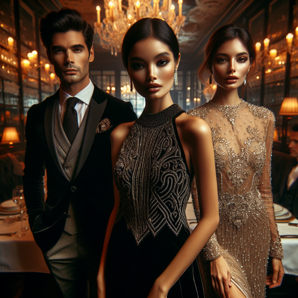 Stunning Outfits for Upscale Dining: Effortlessly Chic Captivating scene at a high-end restaurant. Center frame, a South Asian woman exudes elegance as she wears a black velvet evening gown, her hair styled in a sleek updo. To her left, a Hispanic man looks dapper in a dark suit with a silk pocket square, his hair neatly combed back. On her right, a Middle Eastern woman stands tall in an intricately beaded, champagne-coloured floor-length dress, her hair cascading down in loose waves. The ambiance of the space has a classy feel with dimly lit chandeliers and tables adorned with fine china and crystal glassware.