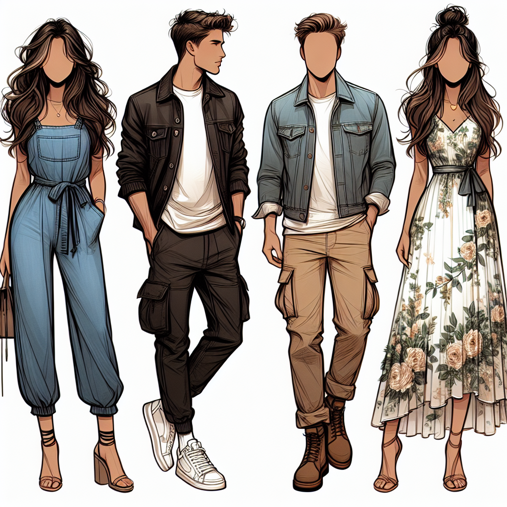 Stunning Outfits for Casual Dates: Dress to Impress! Imagine a variety of casual date outfits that could impress anybody. The first outfit is a sleek denim jumpsuit worn by a Middle-Eastern woman with wavy hair, combined with a pair of stylish sneakers. The second one is a hip black leather jacket on a White man, paired with khaki cargo pants and comfortable brown boots. The last outfit is an elegant floral summer dress worn by a South Asian woman, she has tied her hair in a messy bun and has a pair of chic sandals. These outfits embody a casual yet exciting and trendy vibe.