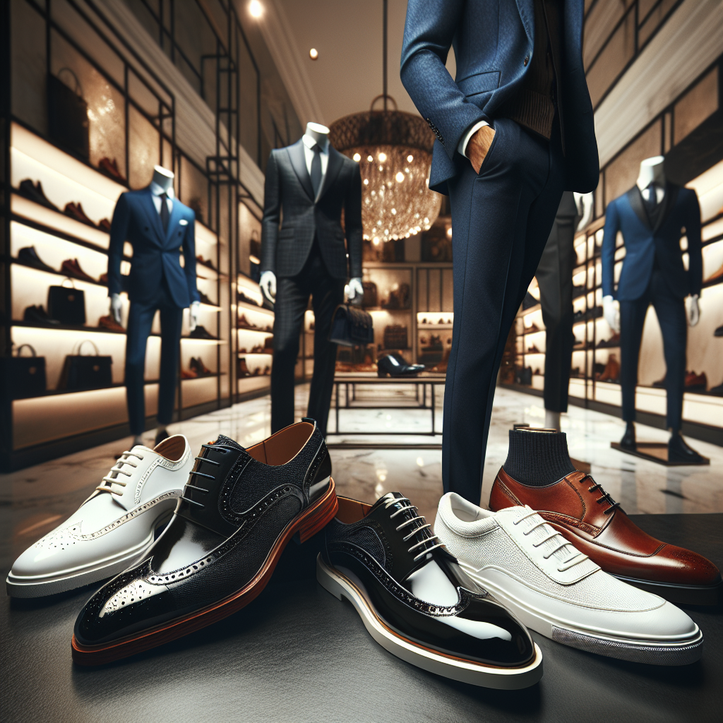 Must-Have Shoes for a Navy Suit: Exclusive Styles Create an image that represents a striking coordination of must-have footwear with a navy suit. Showcase a selection of shoes ranging from glossy black loafers, rich brown brogues to sleek white sneakers, all elegantly paired with a well-fitted navy suit. Please depict this against a backdrop featuring a luxurious, contemporary men's fashion store, with a hint of natural lighting illuminating the scene. Emphasize on the high-quality material of the shoes, the intricate detailing, and the fashionable designs that make each pair exclusive. Remember to highlight the versatility of the navy suit, which can transform with different choices of footwear.