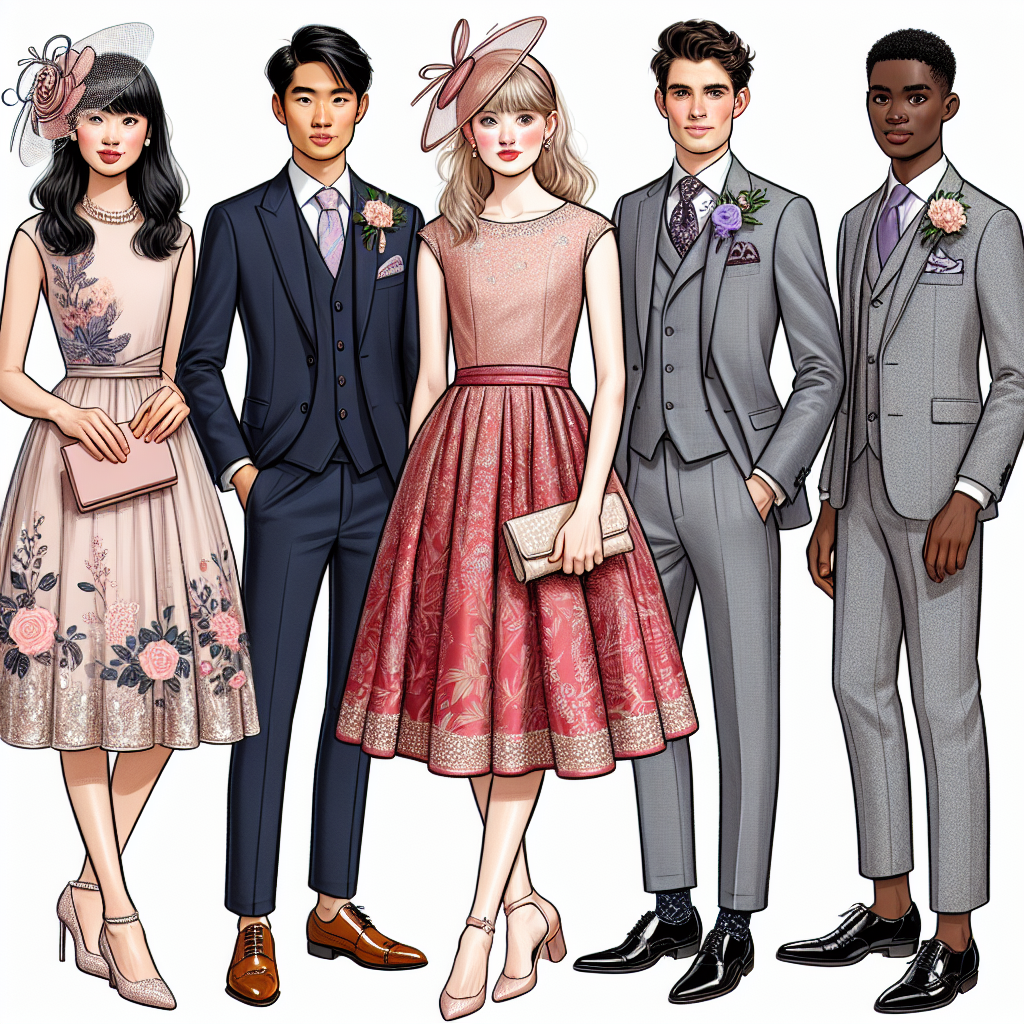 Depict a visually diverse array of individuals at a wedding reception. Include a Caucasian woman in an elegant pastel floral dress with jewel detailing, accessorised with a beige fascinator and matching clutch. Portray a Hispanic man in a crisp navy blue suit paired with a pastel pink tie, black patent leather shoes, and a matching pocket square. Display an Asian woman wearing a sophisticated scarlet brocade sheath dress with a pearl-embellished clutch. Lastly, show a Black man looking classy in a grey three-piece suit, a lavender pocket square peeking from his chest pocket, and polished brown brogues.