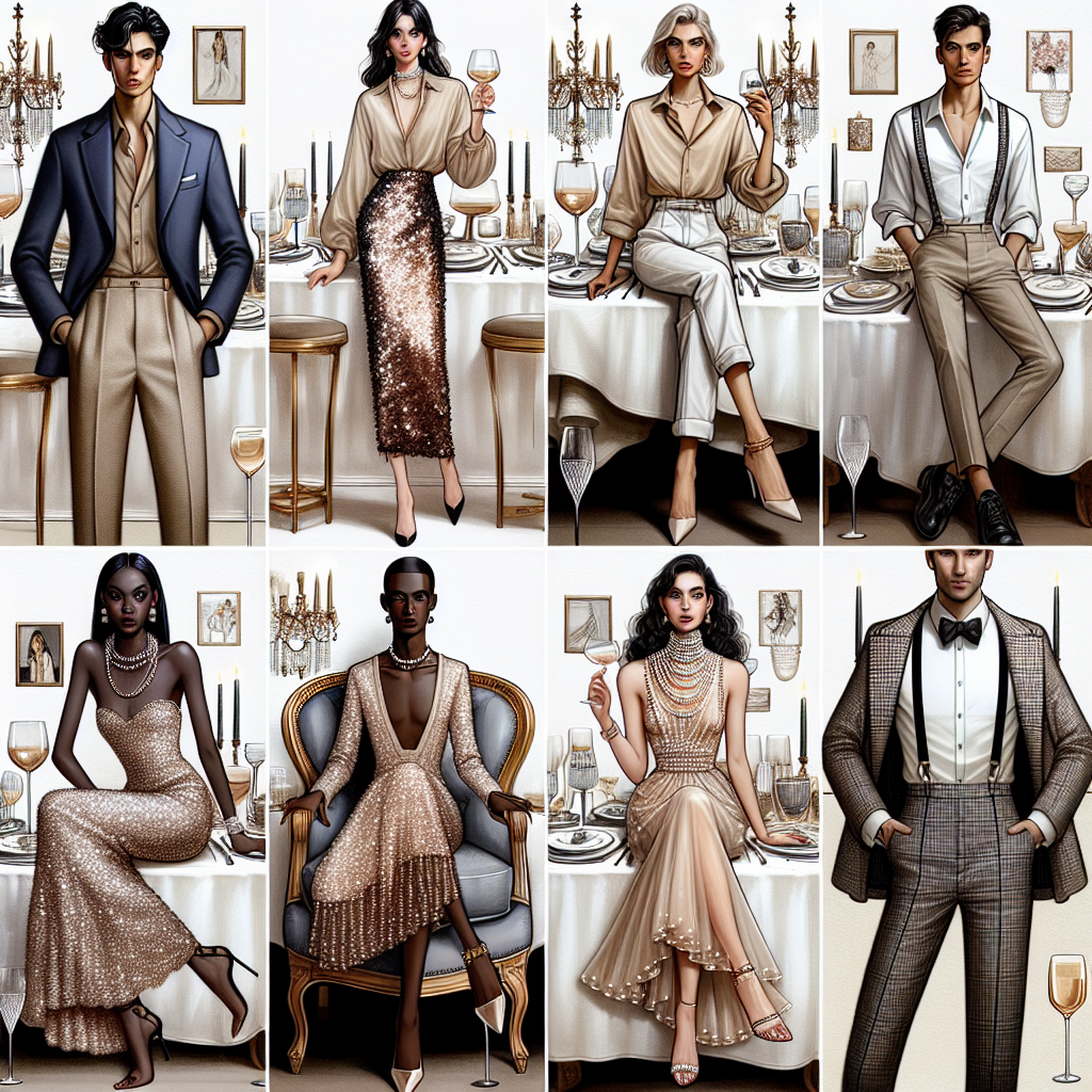 Stunning Outfits for Fancy Dining: Elevate Your Beige Shirt Imagine a fashion editorial spread showcasing various stunning outfits built around a simple beige shirt, intended for a fancy dining setting. Picture first, a South Asian man wearing the beige shirt with a navy blazer and slim-fit pants, then a Middle-Eastern woman pairing the shirt with a sequined midi skirt and high heels. Next visualize a Black woman accessorizing the shirt with pearls and palazzo pants, and finally, a Caucasian man styling it with suspenders, bow tie, and tailored trousers. Each scene includes fine dining elements like crystal glassware, plush velvet chairs, chandeliers, and ornate silverware.
