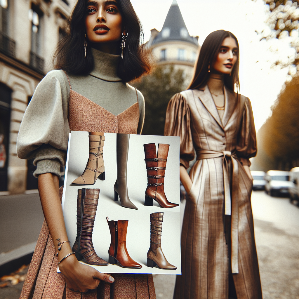 Stunning Boots for Midi Dresses: Effortless Style Tips A fashion-forward image depicting two models of diverse ethnicity, one South Asian woman and one Caucasian woman, each showcasing their unique sense of style. They are both wearing midi dresses, tailored to their figures, and complimented by stunning sets of boots. Show the boots in exquisite detail, highlighting their unique features and design elements. The setting is an effortlessly chic, urban backdrop, with gentle, warm lighting that accentuates their outfits. They share some style tips - perhaps a fashion magazine or a style guide is visible in their hands. Make the overall aesthetic fashionable, elegant and appealing.