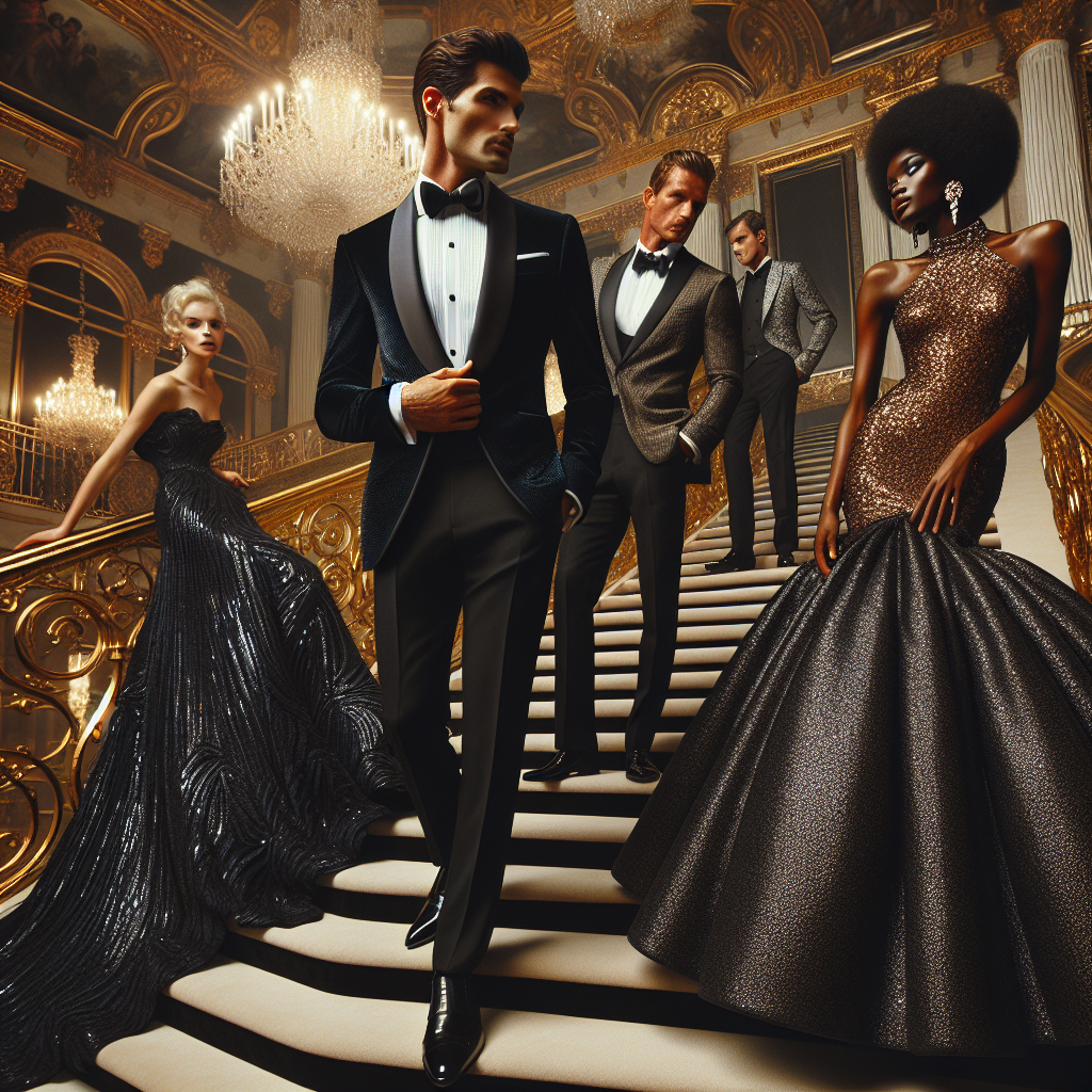 Envision a captivating scene at a high-end black-tie ball. On the grand staircase, a South Asian man dons an impeccable black tuxedo with a satin lapel, a stark white shirt, and a carefully tied bow tie. Closeby, an African woman graces the floor in a sequined evening gown of midnight blue hugging her figure beautifully. To the side, a Caucasian man in a unique charcoal grey tuxedo engages in a lively chat with a Middle-Eastern woman adorned in a glistening gold, form-fitting gown. All around them, extravagant decor create a mesmerizing atmosphere of elegance and glamour.