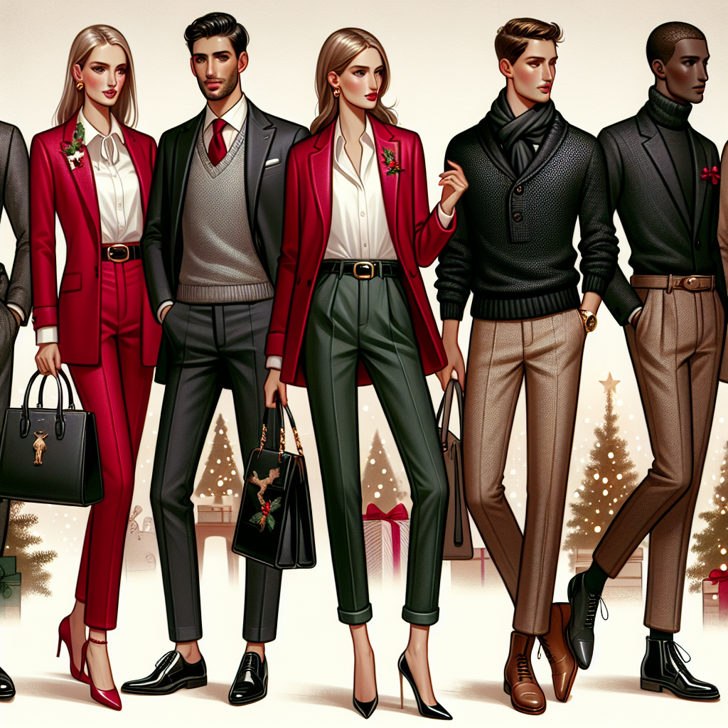 Imagine a fashion showcase containing a wide variety of business casual outfits, perfect for a Christmas party. On the left, envision a Caucasian woman confidently wearing a ruby red blazer over a white blouse, paired with black trousers and glossy black shoes. She carries a stylish black leather handbag. In the center, a Middle-Eastern man can be seen in a charcoal grey sweater over a crisp white shirt, complemented by well-tailored dark blue jeans and brown leather boots. On the right, a black woman is wearing a sophisticated green silk blouse tucked into high-waisted beige trousers, rounded off with beige heels. To set the festive mood, all outfits are tastefully accessorized with subtle Christmas-themed elements like small reindeer brooches, holly earrings, or patterned scarves with winter motifs, and in the background, the warm glow of holiday lights can be seen.