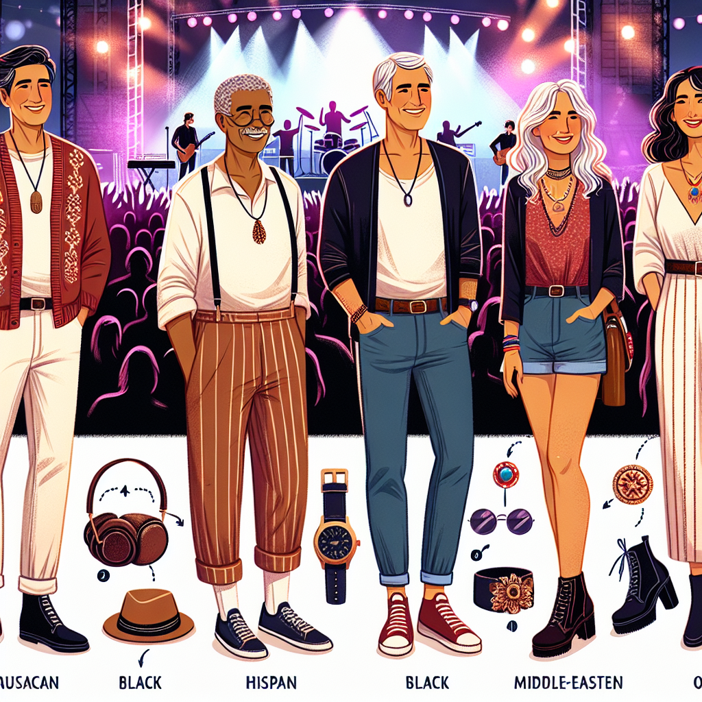 Stunning Outfit Ideas for Concert-Goers Over 40 A style guide depicting a variety of concert outfits for people over 40. Illustrate four individuals of different descents - Caucasian, Hispanic, Black, and Middle-Eastern, two of whom are male and two female. Their outfits range from casual, chic to semi-formal, demonstrating the versatility in style for older concert-goers. The backdrop is a buzzing concert scene with a band on stage under vibrant lights. Capture details such as memorable accessories, comfortable footwear, and layered clothing suitable for both indoor and outdoor concerts.