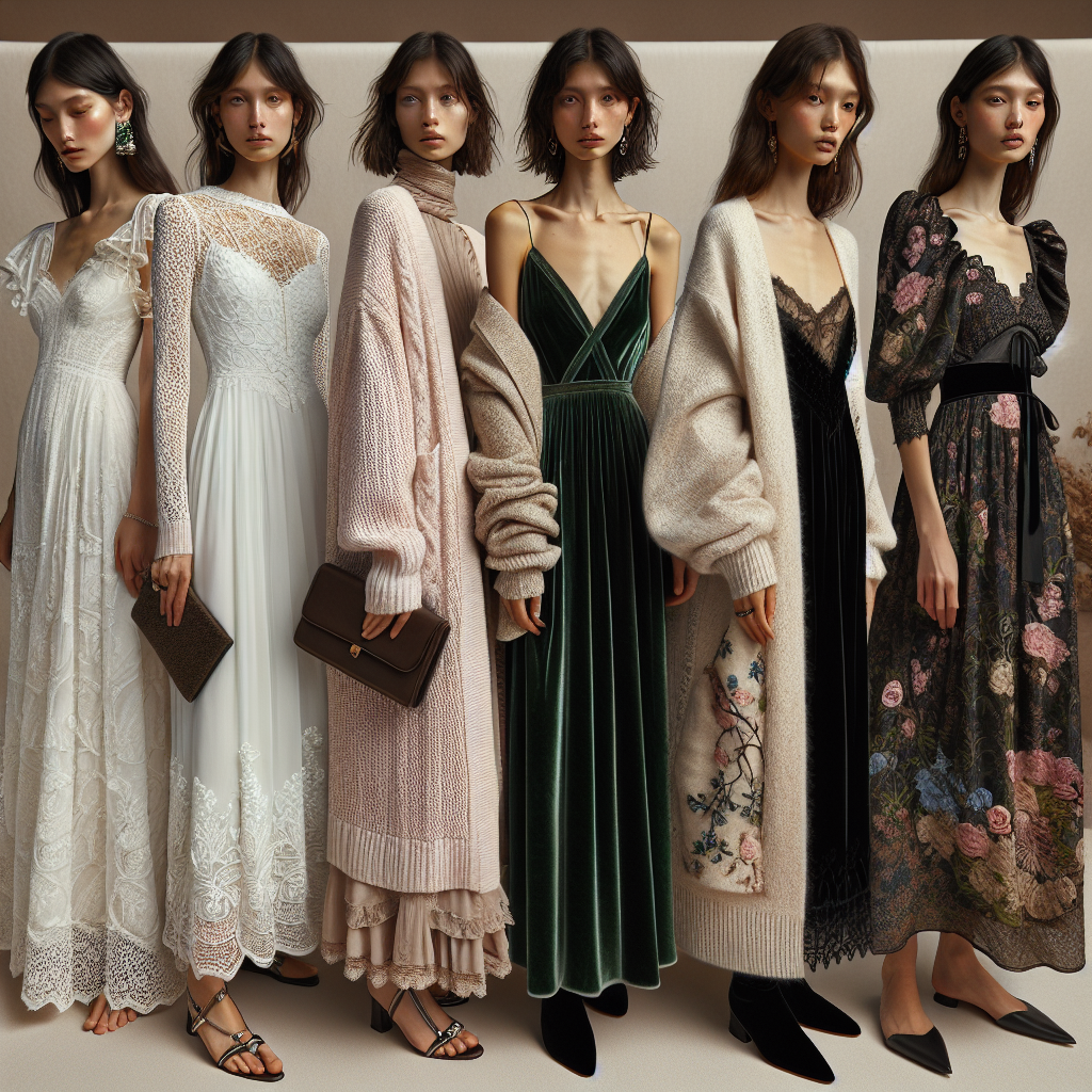 An intricate fashion spread featuring long dresses styled with various types of cardigans for wedding occasions. The first outfit is a white lace long dress on a Caucasian woman paired with a light pink chunky-knit cardigan. The second outfit features an Asian woman wearing a dark green velvet long dress paired with a beige oversized cardigan. A third ensemble sees an African woman in a floral print long dress paired with a black cashmere cardigan. Each outfit is complemented with chic, elegant accessories.