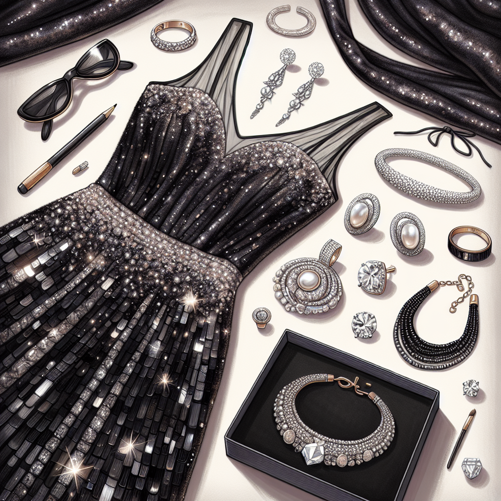 Stunning Jewelry Picks for Your Black Sequin Dress Create a detailed illustration that showcases a range of stunning jewelry options ideally suited for a black sequin dress. Include a variety of pieces, such as diamond-studded earrings, a luxurious pearl necklace, a modern silver bracelet, and an avant-garde gold finger ring. Arrange these jewels against a soft velvet background that contrasts beautifully with the shimmering sequin dress draped alongside. Make the jewelry sparkle brilliantly, capturing the way they would accentuate the dress.