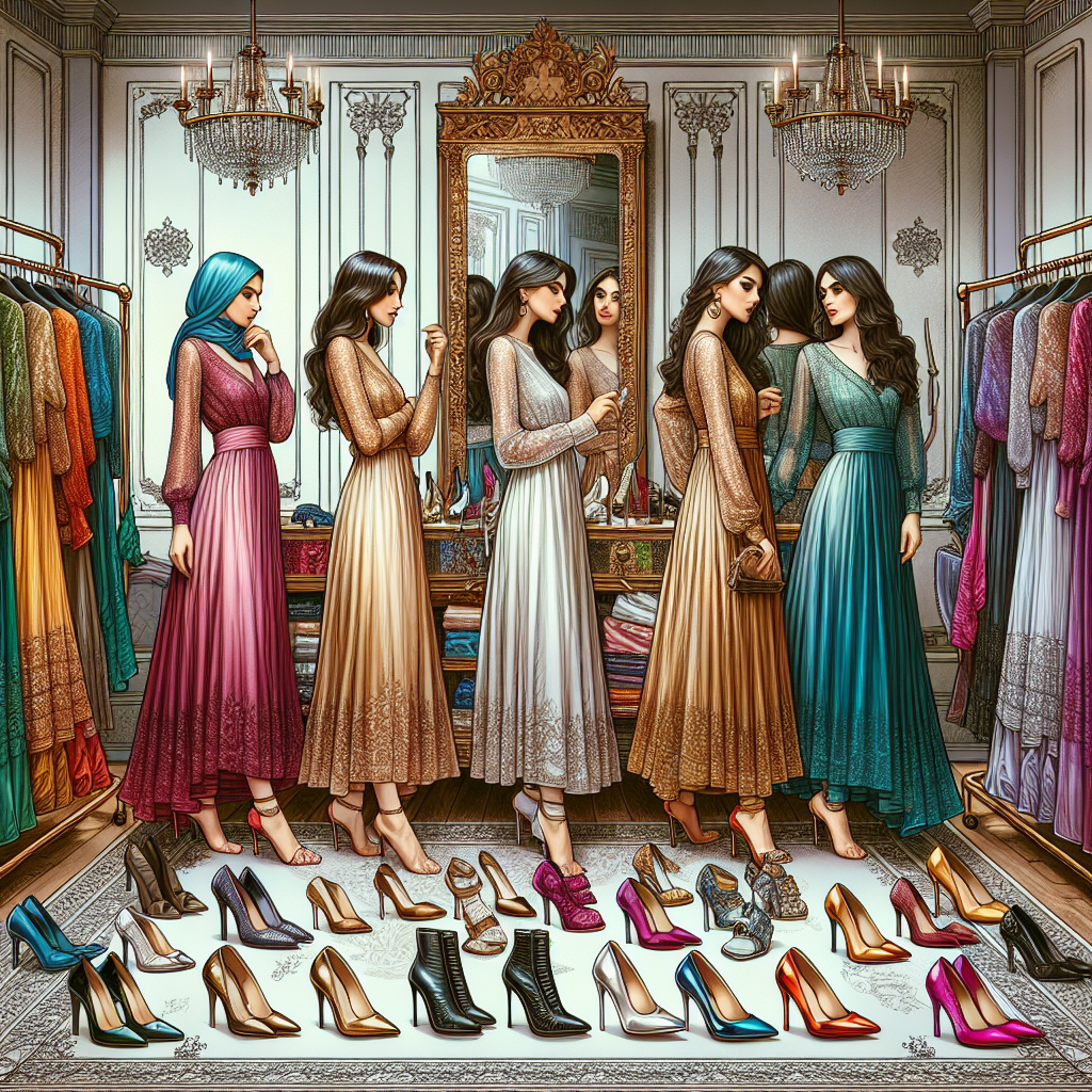 Stunning Shoe Styles for Long-Sleeve Dresses Create an intricately detailed scene of a chic fashion boutique showcasing a range of stunning shoe styles specifically designed to compliment long-sleeve dresses. Include a diverse assortment of shoe styles including stilettos, kitten heels, ankle boots, and ballet flats. Display them on an elegant rack against a backdrop of luxurious long-sleeve dresses in a rainbow of colors and various materials like silk, satin, and velvet. Also, show three women of different descents: a Middle-Eastern woman, a Hispanic woman, and a South Asian woman, each trying on a different shoe style and looking at their reflection in vintage-style full-length mirrors.