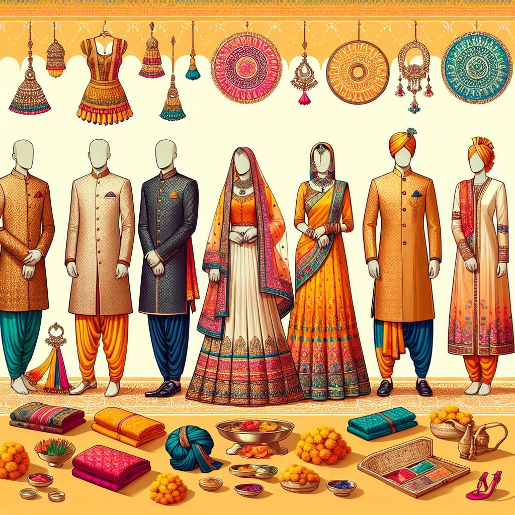 What to Wear to an Indian Wedding: Stunning Essentials Create a visual representation of various essential clothing items for an Indian wedding. Include three important outfits: for men, traditional Sherwani paired with Jodhpuri trousers and dupatta; for women, a vibrant Saree featuring intricate details and jewelry; and for non-binary individuals, Anarkali suit notably detailed and vibrant. Demarcate each ensemble with accessories such as Jutis, Kundan jewelry, and Turbans. All these must be showcased in vibrantly colored settings with a backdrop of cultural elements from India, like marigold flowers and traditional motifs. Do not include any individuals wearing these outfits.