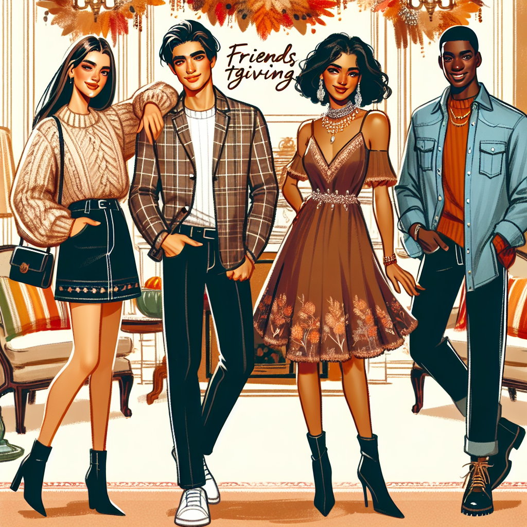 Stunning Outfits for Friendsgiving: Effortless Style A vibrant fashion illustration showcasing four individuals of diverse descent and gender, dressed in the stunning Friendsgiving outfits, exuding effortless style and casual elegance. The first person, a Caucasian female, wears a cozy knitted sweater and jeans. The second person, a South Asian male, is in a plaid shirt and khaki chinos. The third, a Hispanic female, is in an autumn-toned dress with tasteful jewellery. Lastly, the Black male is in a denim jacket and stylish boots. They cheerfully interact in a room with warm, festive decoration, embodying the intimate spirit of Friendsgiving.