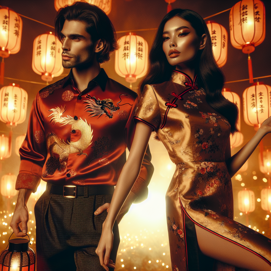 A warm, vivacious scene capturing the essence of Lunar New Year celebrations. Delve into the exploration of fashion with a display of stunning, effortless styles. Imagine a Middle Eastern man and Hispanic woman flaunting modern attire inspired by traditional Lunar New Year motifs. The man wears a red silk shirt, intricately patterned with golden dragons, paired with black trousers. He holds a lantern in his hand. The woman is in a chic golden cheongsam dress with delicate floral designs. Both exuding confidence and mirth, set against a backdrop of luminous lanterns illuminating the night sky.