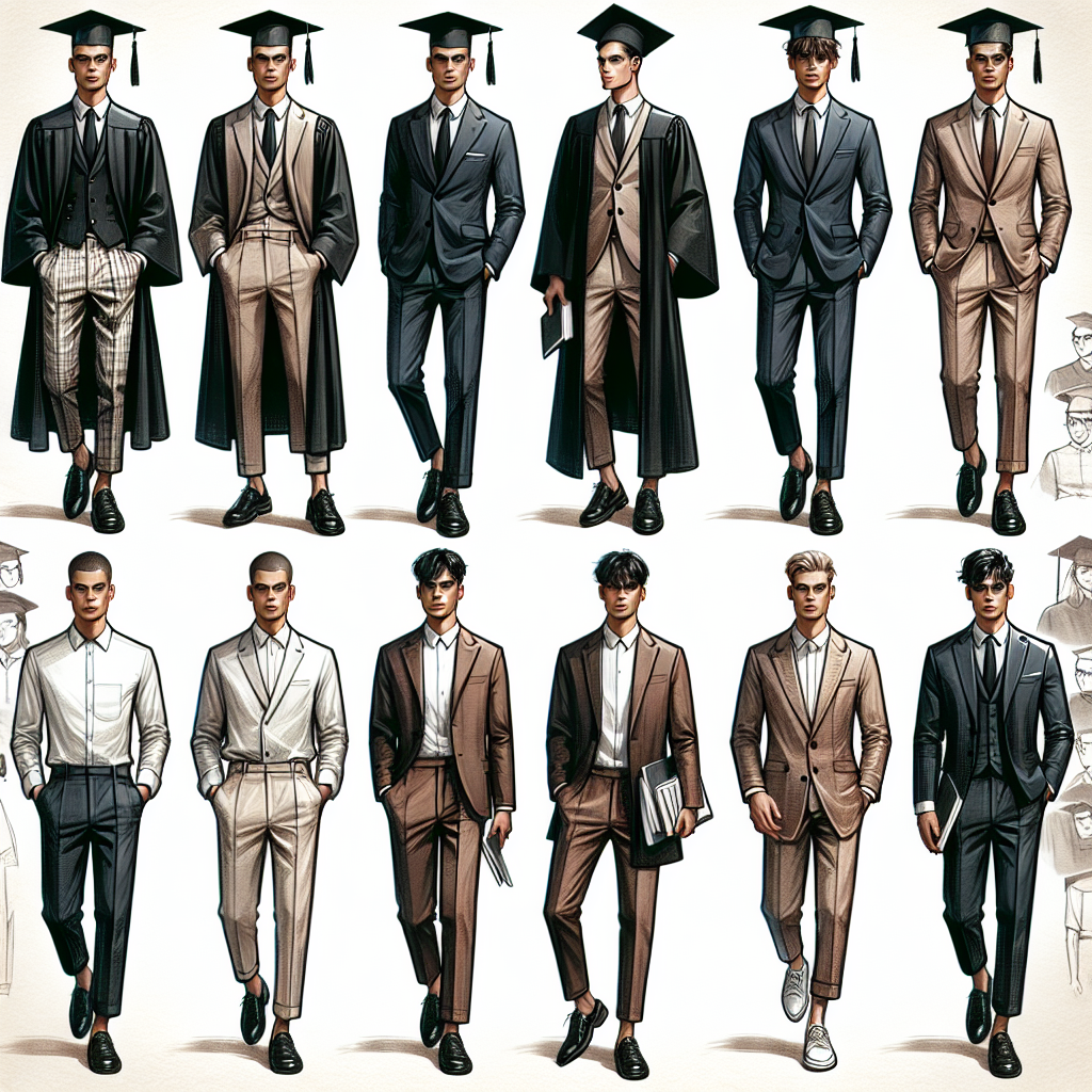 Stunning Outfits for Men at College Graduations Visualize an assortment of stylish and sophisticated outfits suitable for male college graduates. Imagine an array of apparel, such as elegant black gowns with the universal symbol of education - a square academic cap or mortarboard, stylish suits in neutral tones, crisp linen shirts paired with well-fitted trousers, and perhaps trendy casual attire for the after-party. Exuding a blend of tradition and modernity, these runway-worthy outfits showcase men from a diverse range of descents, including Hispanic, African-American, Caucasian, and Middle-Eastern graduates, confidently attending their graduation ceremonies.