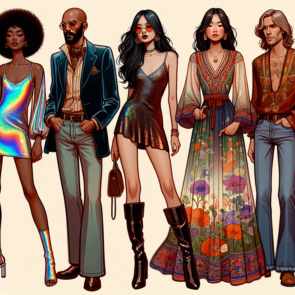 Must-See Styles: What to Wear to a Patti LaBelle Concert Visualize a range of fashion styles that are appropriate for a vibrant music concert. These could include a young Black woman in a chic, holographic mini-dress, an older Middle-Eastern man in a suave velvet blazer and bootcut jeans, and an East Asian woman in an elegant, hippie-inspired maxi dress adorned with colorful, ethereal patterns, reflecting the energetic and soulful atmosphere of the music event. Representation of a diverse audience is key in this image, showcasing unique styles from vintage to modern, aligning with the lively and eclectic vibe of the concert.