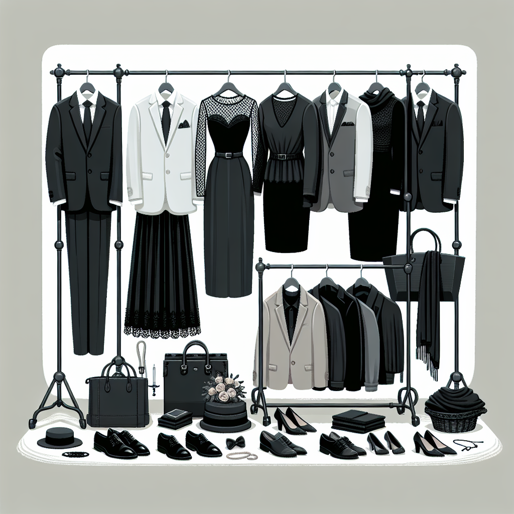 Funeral Dress Code: Must-Have Viewing Essentials An illustration of a clothing rack with multiple outfit options for a funeral. On the rack, display a variety of clothing items with a neutral color theme such as black, gray, and white showing the appropriate funeral dress code. Include different types of garments such as formal suits for a Caucasian male and a black dress for a Hispanic female. Also showcase some essential accessories like black dress shoes for a Middle-Eastern man, a black purse for a South Asian woman, and a dark-colored, discreet jewelry for a white woman. Remember to keep the atmosphere somber and respectful.