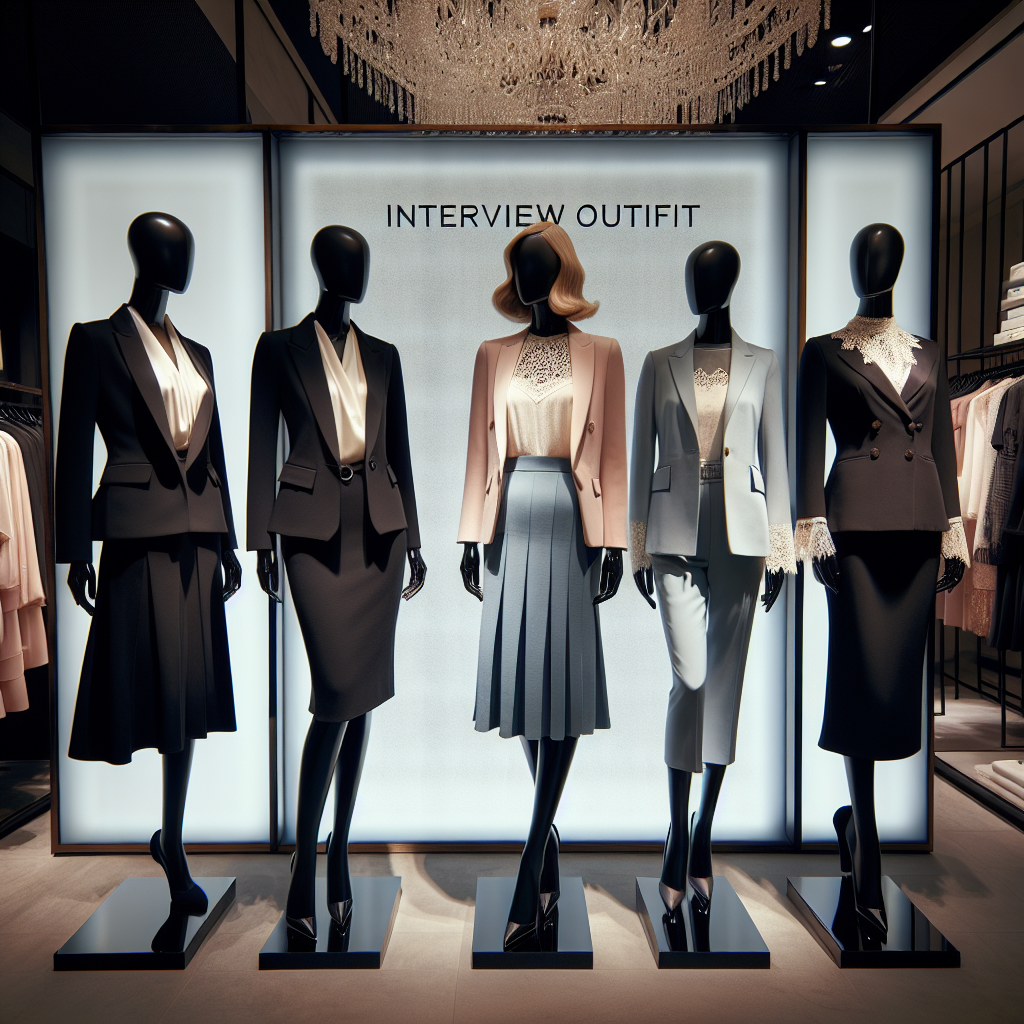 Dress to Impress: Stunning Interview Outfits for Women A well illuminated boutique showcasing various sophisticated interview outfit ideas for women. On the left, there's a mannequin styled in a modern, sharp black suit, featuring a tailored blazer worn over a refined white blouse, paired with sleek black trousers. It's accessorized with elegant silver jewelry. Central is a mannequin donning a fitted blue sheath dress complemented with a pastel pink blazer, adding a feminine twist to the corporate look. Finally, on the right, a display of a two-tone pencil skirt paired with a lace-trimmed cream blouse for a fashionable yet professional aesthetic. The attire denotes empowerment and professionalism.