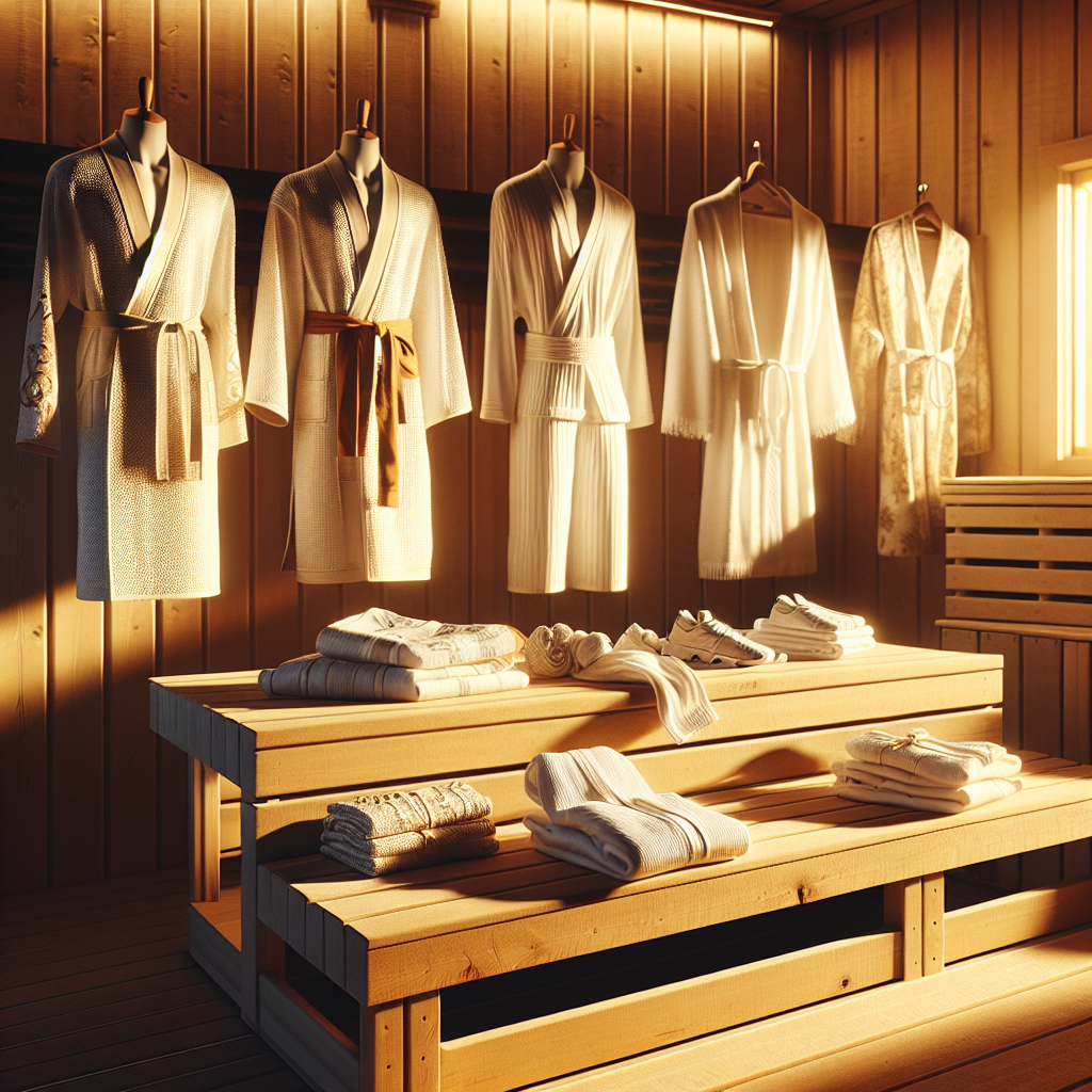 Imagine an untouched sauna room bathed in warm golden light. In the foreground, a wooden bench displays diverse sauna outfits perfectly laid out. On one side, a luxurious white cotton robe, soft and plush, designed for optimal comfort. Beside it, a traditional Finish bathing suit, simple yet stylish, reflecting deep cultural heritage. On the other side, a modern unisex sweat-absorbing outfit is displayed, practical and trendy. In the far corner, there's an eco-friendly outfit, made from recycled materials, sending a clear message about sustainability. Every outfit is carefully chosen for comfort and style, catering to diverse sauna-goers' preferences.