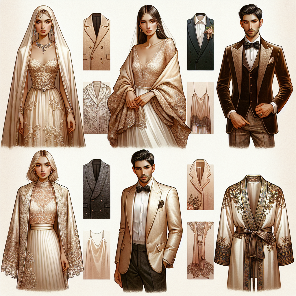 Must-Have Cover-Ups for Wedding Guests Design a sophisticated and classic collage portraying a variety of wedding guest cover-ups situated on an elegant background. These could include a light champagne-colored pashmina worn by a South Asian woman, a sleek velvet jacket sported by a Caucasian man, an intricate lace bolero on a Hispanic woman, and a silk embroidered kimono draped over a Middle-Eastern man. Arrange these items harmoniously into an aesthetically pleasing layout, creating a descriptive illustration for must-have cover-ups for wedding guests.