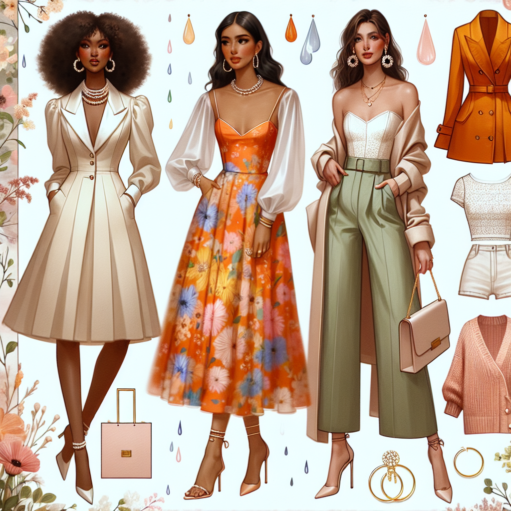 Must-Have Outfits for March Bridal Showers Imagine a collage showcasing various must-have outfits for March bridal showers. This includes, first, an elegant beige dress suit worn by a Middle-Eastern woman, with a white satin blouse underneath and pearl accessories. Second, visualize a vibrant, orange floral midi dress adorned by a Black woman paired with nude heels and statement gold jewelry. Third, observe a Hispanic woman wearing a chic green jumpsuit accessorized with silver hoops and delicate bracelets. Fourth, picture a white woman in a blush-colored wool-blend coat with a feminine scarf draped around the neck. All elements displayed against a background of pastel spring flowers and light raindrops to signify the March ambiance.