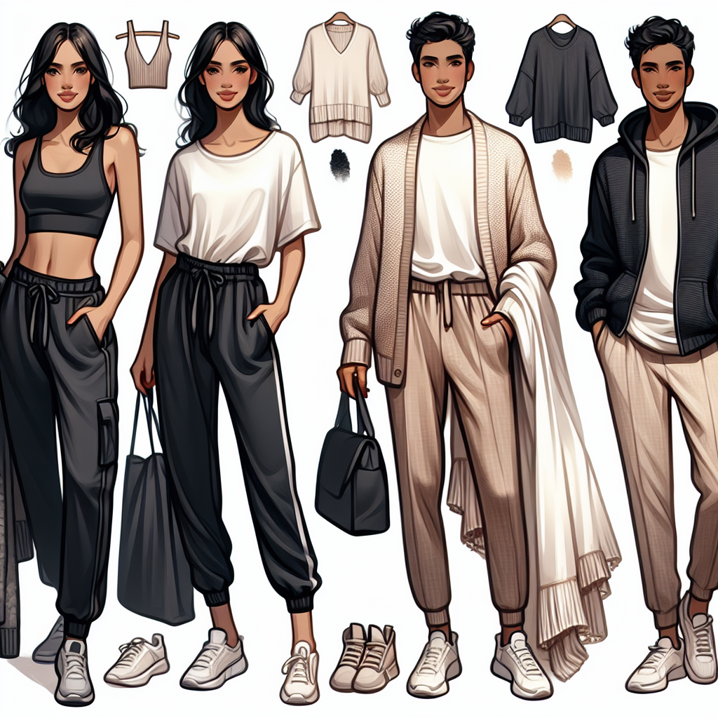 An illustration showcasing several must-have outfits for long haul flights. Outfit one is a chic black athletic outfit worn by a Caucasian woman, consisting of jogger sweatpants, a cozy fleece jacket, and a comfortable white t-shirt. Outfit two, exhibited by a Hispanic man, includes stretchy jeans, a soft cotton t-shirt, and a lightweight cardigan. Outfit three modelled by an Asian woman includes loose-fitting linen trousers, a soft cashmere sweater, and a flowy chiffon scarf. Outfit four consists of stylish sweatpants and a hooded sweater, presented by a Black man. All outfits exude comfort and style, ready for a long journey.