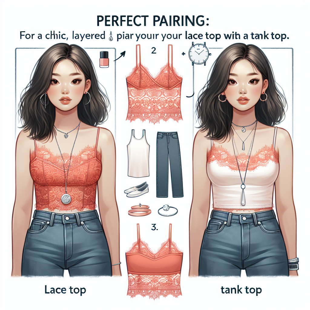 Exclusive Guide: What to Wear Under a Lace Top An informative fashion scene demonstrating what to wear under a lace top. Depict an Asian female fashion model with a coral lace top, underneath which you can see a white tank top. To avoid nudity, she is also wearing jeans. Accessories include a long pendant necklace, small hoop earrings, and a thin wristwatch. Next to her should be a fashion advice text 'Perfect pairing: Lace top and tank top. For a chic, layered look pair your lace top with a tank top.'. The backdrop should be of a minimalist, modern dressing room.
