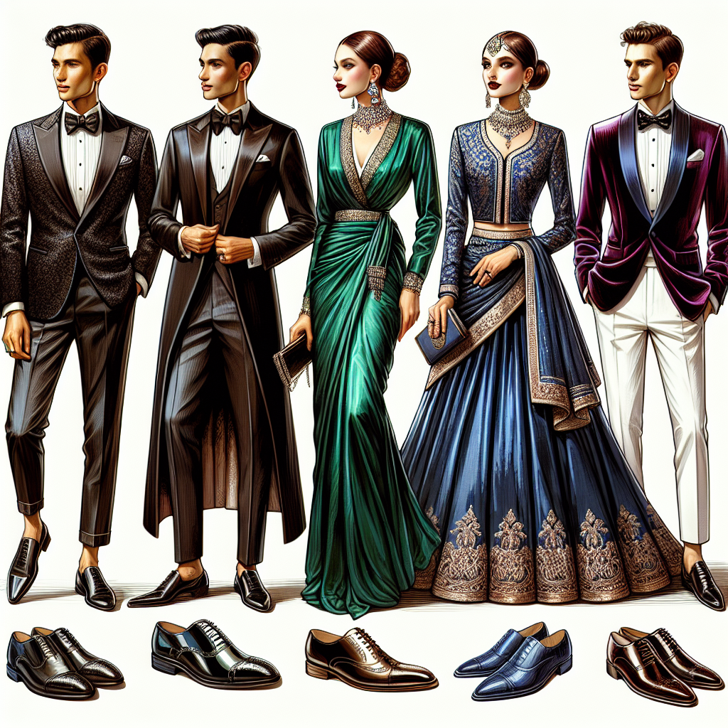 Stunning Outfits for Political Fundraisers: Dress to Impress! An illustration showcasing a variety of high-end and stylish outfits suitable for prestigious fundraising events. The first outfit is a classic black tuxedo worn by an Asian gentleman, complete with a silk bowtie and patent leather shoes, symbolizing the epitome of male elegance. The second outfit features a Caucasian woman donned in a sophisticated emerald green satin dress, pairing it with diamond jewelry. The third ensemble consists of a South Asian woman in a regal blue designer sari with intricate gold embroidery. While the fourth is a Middle-Eastern man in a maroon velvet blazer and white trousers. Create an ambiance that screams luxury, style, and sophistication.