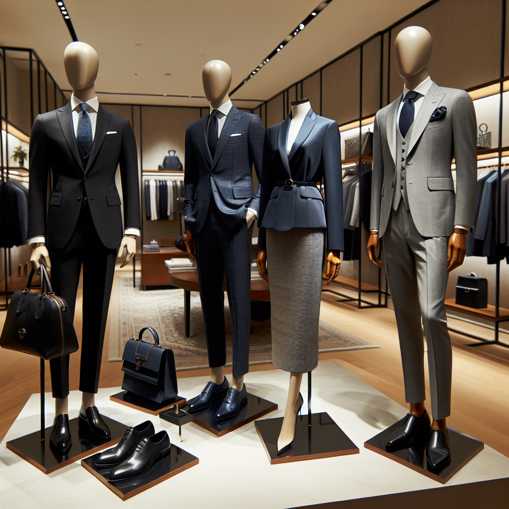 Stunning Outfits for Finance Interviews: Dress to Impress Several high-quality and stylish outfits, suitable for finance interviews, displayed on mannequins. Include a sharp, black suit with a light blue shirt on a South Asian male mannequin, a sleek, navy blazer with a pencil skirt on a Middle-Eastern female mannequin, and a modern, grey 3-piece suit on a Caucasian male mannequin. Accessories like ties, handbags, and shoes should be well-coordinated with the outfits. The setting could be a boutique interior with luxury accents against a neutral backdrop, to give a professional and modern aesthetic.