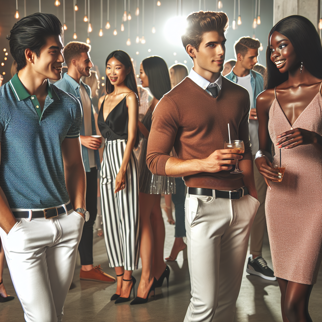 Dress to Impress: Must-Have Outfits for Frat Date Parties A social gathering with college students dressed in fashionable attire. A South Asian male confidently wears a trendy but casual outfit, while an outgoing Black female student gleams in an elegant cocktail dress. Meanwhile, a Hispanic male in a chic polo and jeans chats animatedly with a Caucasian woman in a stylish jumpsuit. In the background, couples and singles alike mingle, showing off their dynamic and diverse choice of outfits. The atmosphere is lively, with everyone striving to make an impression with their unique and attractive clothing.
