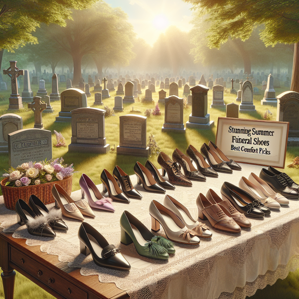 Imagine a sunny summer scene at a serene cemetery. Sunlight filters through green trees onto well-worn paths between tombs. In the foreground, an array of elegant funeral shoes is neatly arranged on a vintage wooden table draped with a lace tablecloth. Shoes for a variety of gender identities and sizes are present, including heels, closed-toe flats, and dress shoes. Styles range from simple black to soft pastel colors with minimalistic, classic, and modern designs. Feather details, laces, and comfortable cushioned insoles are some key features. To emphasize comfort, some shoes have soft padding visible, others flex to show they're lightweight. A tagline reads: 'Stunning Summer Funeral Shoes: Best Comfort Picks.'