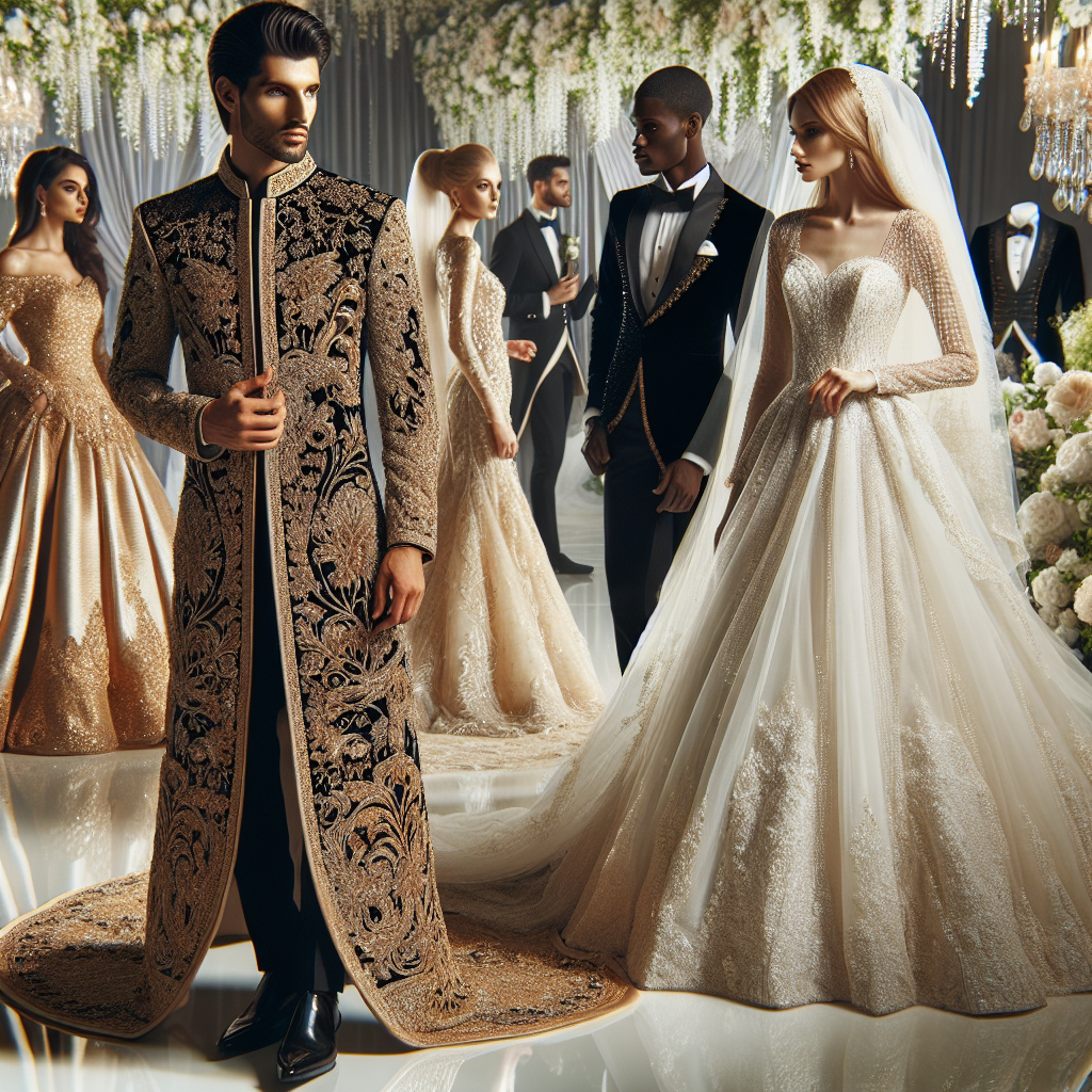 A breathtaking scene at a wedding, showcasing various styles of elegant and fashionable wedding attire. In the foreground, a South Asian man is seen in a traditional Sherwani, intricately embroidered with gold thread, while a Caucasian woman beside him shines in an A-line wedding dress with lace detailing, a long train, and a veil. Further back, a black man in a sharp, tailored tuxedo converses with a Middle-Eastern woman draped in a beautifully beaded gown. The environment around them exudes elegance, with tastefully arranged flowers and decorations, adding to the charm of their outfits.