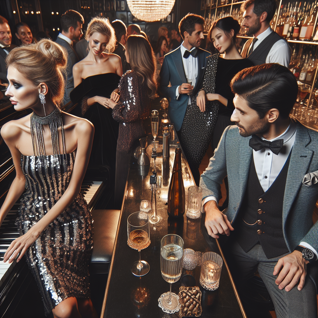 Stunning Outfits for Piano Bars: Must-Have Looks A wide-angle view of a polished piano bar with people engaging in conversation and enjoying music. Multiple fashionable individuals are spread throughout the scene: a Caucasian woman in a dazzling sequin dress paired with a diamond choker, a Hispanic man in a tailored navy blue suit with a vintage pocket watch, an Asian woman in an elegant black velvet jumpsuit, and a Middle-Eastern man in a classic white shirt and grey vest combo. These outfits effortlessly blend sophistication with style, making them perfect for a piano bar setting.