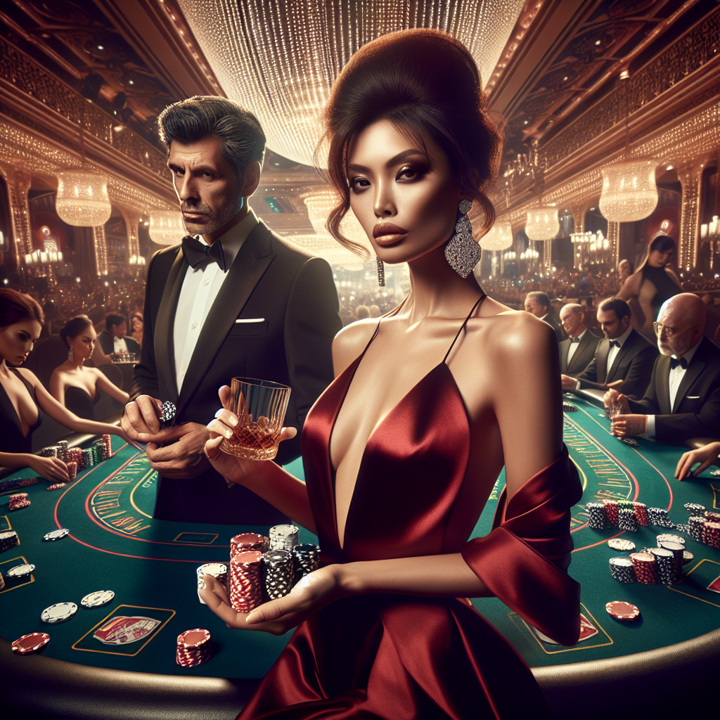 Construct an image that encapsulates the essence of casino glamour. Picture a spellbinding scene that includes a sophisticated and fashionably dressed woman of Asian descent holding a handful of poker chips, wearing a red plunge satin dress, diamond earrings, and a stylish updo hairstyle, reflecting the high stakes excitement of the casino. To her right, envision a distinguished man of Middle-Eastern descent in a black suit and tie, holding a glass of whiskey. The setting is a grand casino full of polished poker tables, dazzling lights, and a tapestry of people engrossed in their games. The atmosphere exudes suspense, luxury, and the magnetic allure of the gamble.
