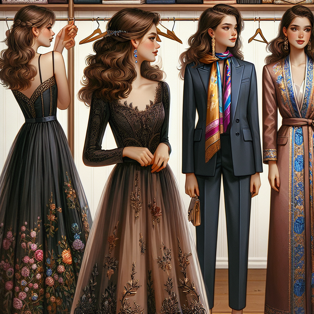 Stunning Bat Mitzvah Outfits: Effortlessly Chic Choices Highly detailed image of a wardrobe filled with effortlessly chic bat mitzvah outfits. The wardrobe should include an elegant, knee-length dress with intricate lace details worn by a Caucasian teenage girl with chestnut brown hair styled in loose, flowing curls. Beside her, a Black teenage girl is adjusting a sophisticated, dark tailored suit complete with a brightly colored silk scarf around her neck. Thirdly, a Hispanic teen girl is trying on a boho-chic maxi dress with beautiful embroidery details, her hair styled into a trendy up-do. Lastly, an Asian teen girl should be holding a chic gown adorned with subtle, classy pearls.
