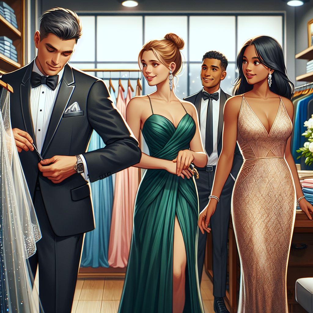 Find the Perfect Formal Wedding Guest Outfit! Imagine a boutique filled with glamorous formal wedding guest outfits. To the right you see a middle-aged Caucasian man trying on a black tie tuxedo with a silver pocket square, and in the mirror, he swaps a rose gold cufflink. To the left, a young Hispanic woman looks delighted as she eyes a sophisticated emerald green gown with delicate lace detailing. Meanwhile, a Black woman in her late twenties is admiring a champagne-colored silk dress with a tasteful side slit. In the background, a South Asian male employee helps a customer choose between two stylish bow ties.