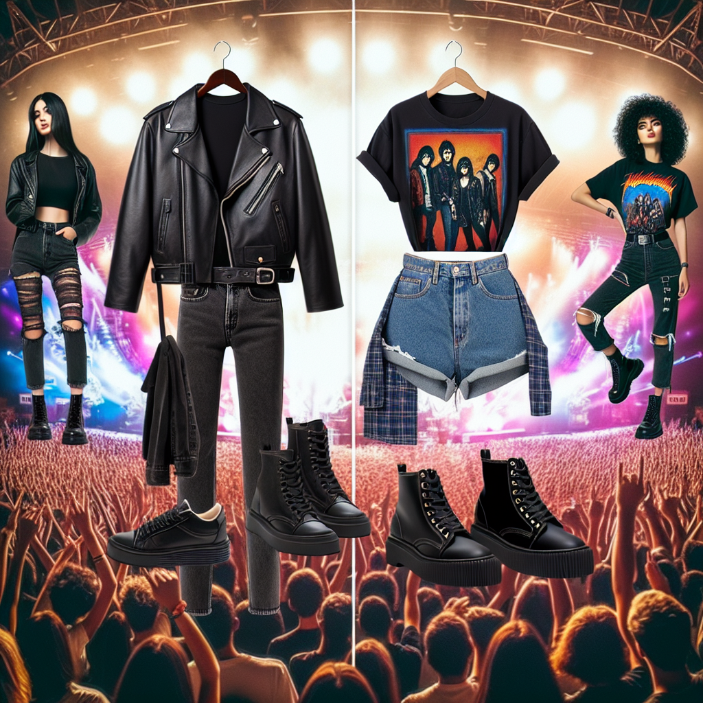 Stunning Outfits for Creed Concerts: Effortless Guide Imagine a collage of different stylish outfits perfect for a rock concert atmosphere. The first outfit consists of a black leather jacket worn by a Hispanic man, faded jeans, and black combat boots. The second outfit is modeled by a South Asian woman in a retro band t-shirt, denim shorts, and chunky sneakers. The third outfit is represented by an Middle Eastern individual wearing a grunge-style flannel shirt, ripped jeans, and lace-up boots. The backdrop could be a lively concert venue swirling with colored lights and an enthusiastic crowd.