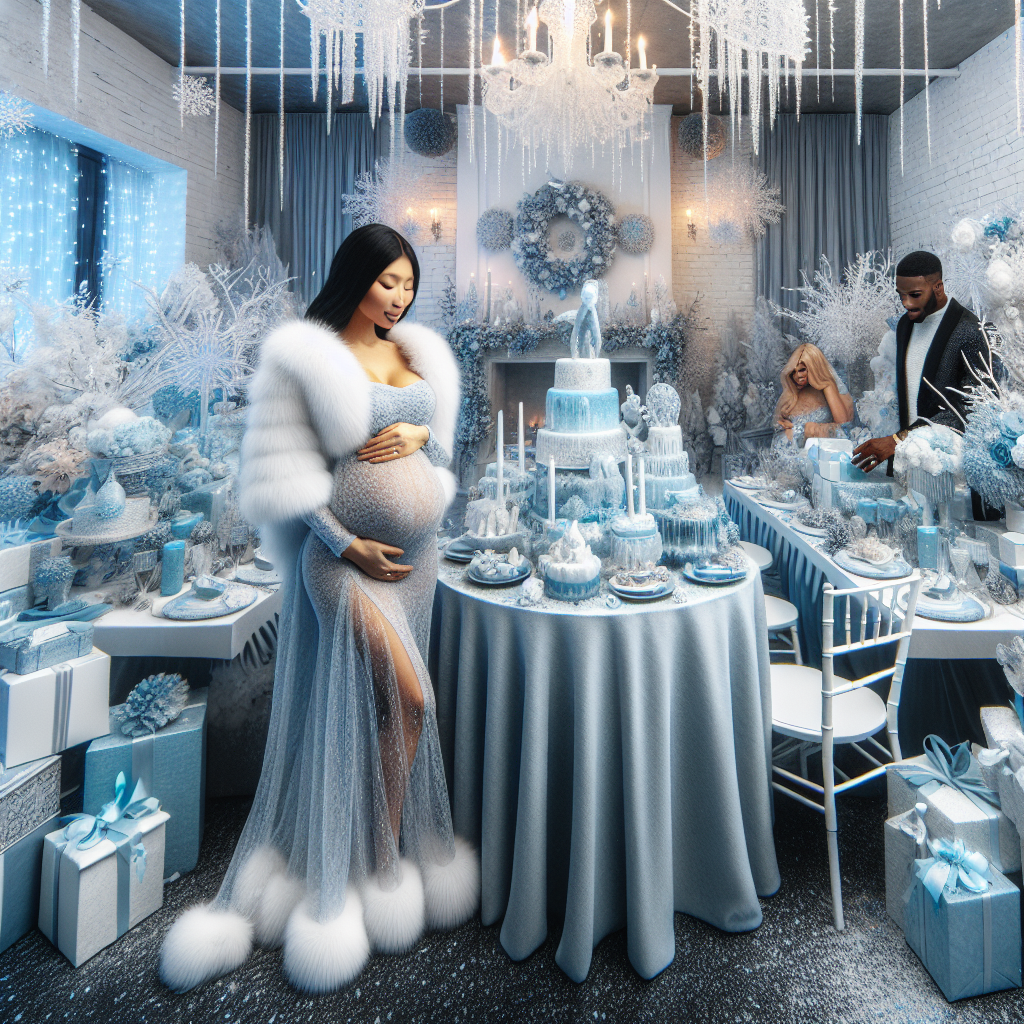 Winter Baby Shower Styles: Must-Have Chic Outfits An enchanting winter-themed baby shower celebration scene. The room looks festive with a taste of elegance, draped in shades of icy blues and crisp, clean whites - intermixed with sparkles to mimic falling snow. In the center, a table adorned with winter-themed decorations like snowflakes and ice sculptures. On one side, an Asian pregnant woman, dressed in a sophisticated winter-themed outfit, perhaps a long, ice-blue maternity dress with a faux fur stole. On the other side, a black woman and a white man, both impeccably dressed, appreciating the decorations or presenting gifts wrapped in winter-themed gift-wrapping.