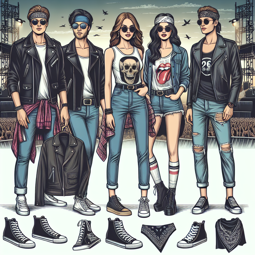 What to Wear to a Bruce Springsteen Concert: Effortless Style Tips Create an image depicting a fashion suggestion guide for a rock concert. Illustrate a group of people showcasing various trendy and casual outfits suitable for a music event. There should be a variety of comfortable footwear like sneakers and boots, paired with denim jeans, leather jackets, graphic tees, bandanas, and sunglasses. Depict a Caucasian man in a black leather jacket, a Hispanic woman in a graphic tee and jeans, and a South Asian woman in a bandana and sunglasses. The setting is evening with the concert stage in the background.