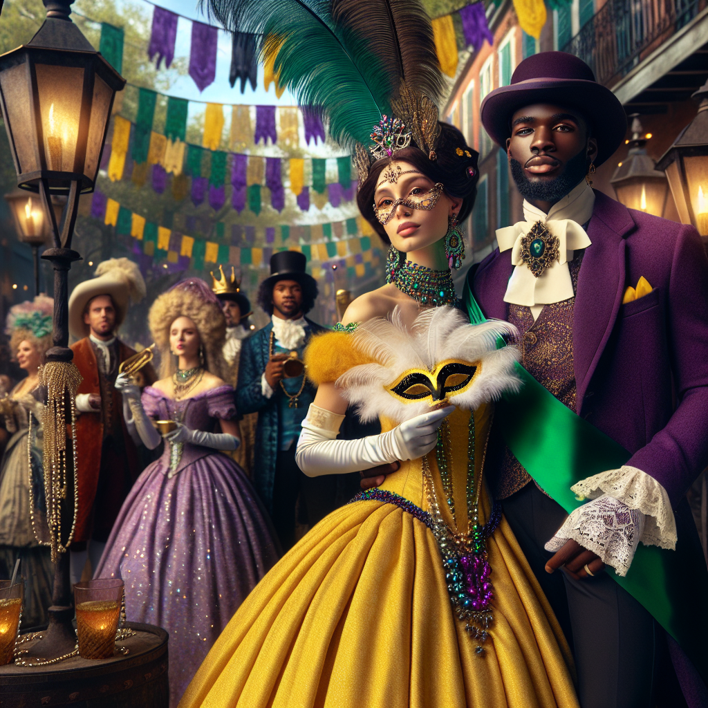 A vibrant 1800s style street scene during Mardi Gras celebrations. A Hispanic woman is wearing a bright yellow ball gown with jeweled accessories and a feathered mask. An African man is dressed in a purple tailored suit, a striking green sash draped around his torso, a matching bowler hat balanced on his head, a white mask in hand. A group of Caucasian bystanders dressed in colorful, glittery attire, complete with beads and headpieces await the parade. Flowing banners, rustic lamps, and the Fleur de Lis emblem displayed prominently reinforce the traditional festivities. 