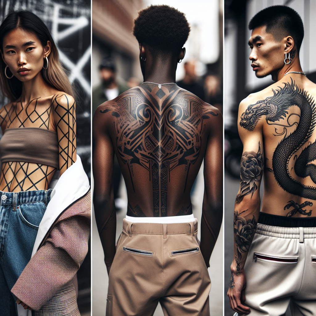 An image of three individuals of different descent showcasing their back tattoos. The first person, a Middle-Eastern woman, displays her abstract geometric tattoo, while dressed in a casual chic attire. The second, a Black man, reveals his intricate tribal tattoo wearing a cool streetwear ensemble. Lastly, an East Asian man flaunts his expansive dragon tattoo while dressed in a high-fashion, avant-garde outfit. The setting is a hip and modern urban environment. This image vividly represents the intersection of fashion and body art.