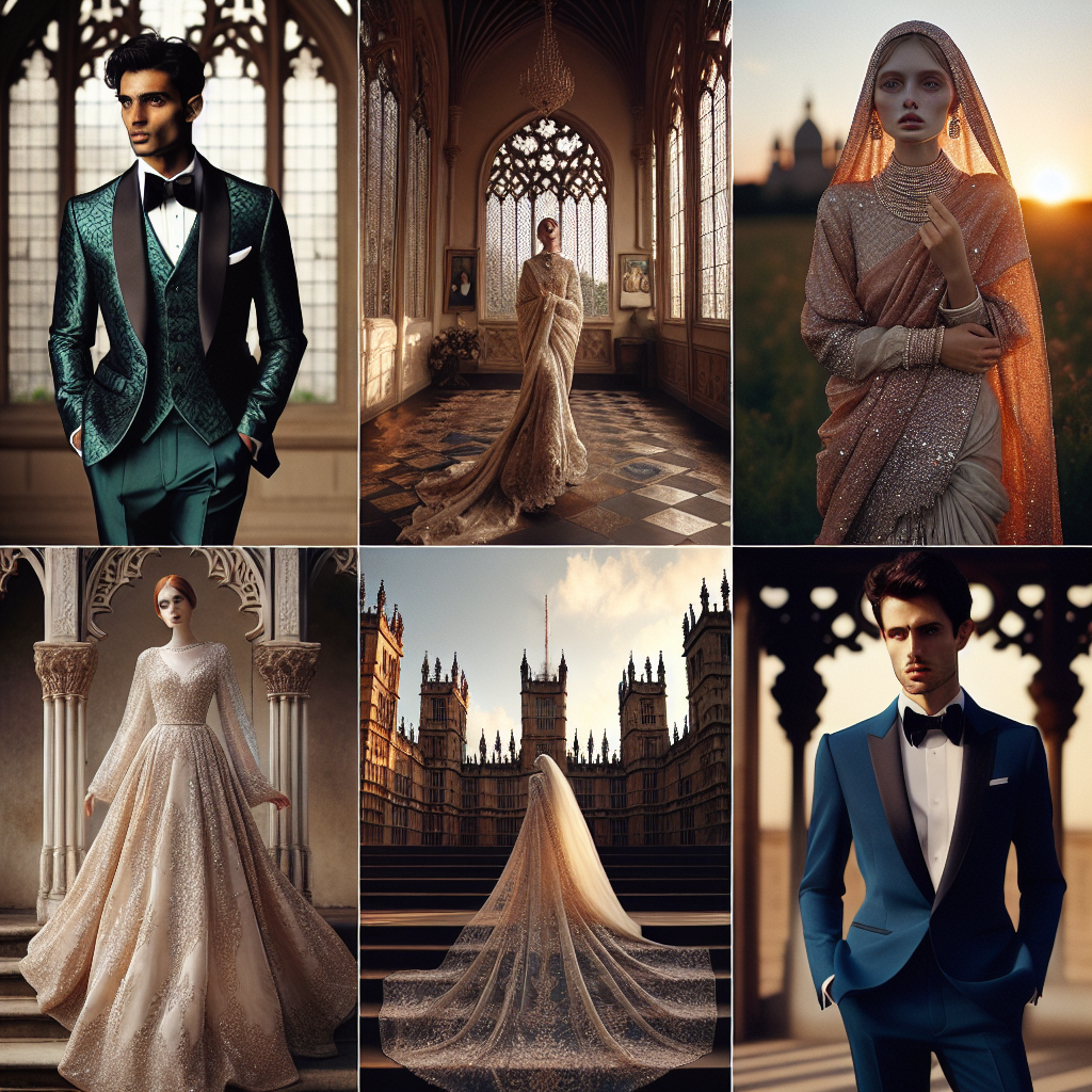 Stunning Outfits for Weddings: Effortlessly Chic Choices Imagine a fashion editorial spread showcasing a variety of stunning wedding outfits. The first depiction should be an elegantly tailored three-piece suit on on a black man, with rich emerald silk lining. Place him in a romantic garden setting at sunset. Next, visualize a petite South Asian woman in a gracefully draped champagne-coloured sequinned saree, adorned with pearls and standing against a majestic old-world archway. Thirdly, have a white woman posing on a grand staircase, wrapped in an effortlessly chic, floor-length lace dress. Lastly, depict a Middle Eastern man in a sharp royal blue tuxedo, exuding charisma in a sophisticated ballroom with chandeliers.