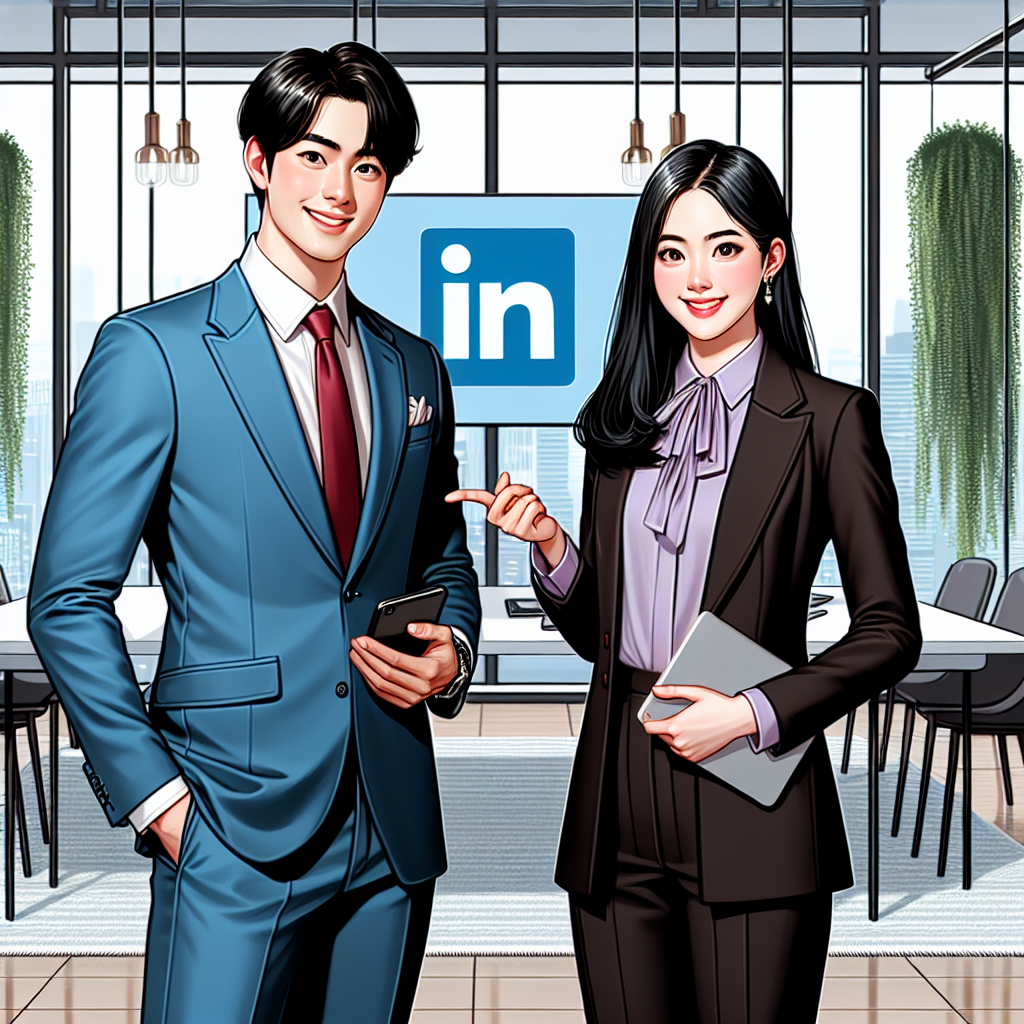Illustration of a professional East Asian man and a Middle Eastern woman presenting themselves with confidence in their perfect business outfits. The man is wearing a crisp blue suit, white shirt, and red tie, while the woman is in a sleek black pantsuit with a lavender blouse. Both are in a modern office setting, filled with ambient natural light and plush green indoor plants. They both have a digital device in one hand, conveying the importance of online networking, while their radiant smiles express their career enthusiasm. In the background, a laptop screen is subtly displaying the LinkedIn logo.
