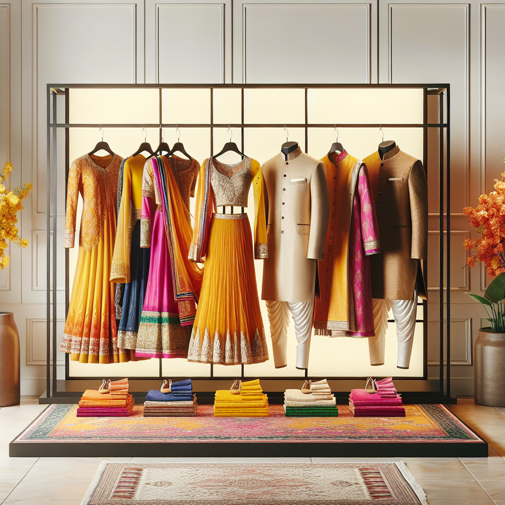 Stunning Haldi Outfits: Find Your Perfect Match! An elegant showcase set up displaying a mix of exquisite haldi outfits. Visualize a rack with different outfits - lush, vibrant sarees for women, and sleek, traditional kurta pyjamas for men. Think of bright colors commonly used in haldi ceremonies like yellow, orange, and pink. Hanging from the rack, the first outfit is for a South Asian woman, the second for a Hispanic man, followed by a Middle-Eastern woman's attire, and finally a Black man's outfit. Each outfit distinctly reflects the tradition and culture of a haldi ceremony in an Indian wedding.