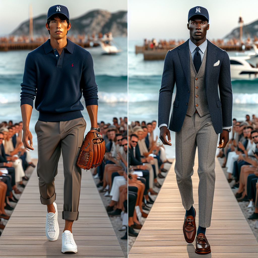 Stunning Outfits for Men: Best Corporate Baseball Game Wear Visualize this scene: A boardwalk near a beach, with the right being a fashion show runway. A South Asian man in a smart-casual outfit - a navy blazer over a light blue polo shirt, khaki pants, and white sneakers - is walking down the runway. On the left, a Black man is wearing a sophisticated ensemble of a crisp white shirt, grey waistcoat, tailored jeans, and leather loafers. Both men wear matching baseball caps and carry custom baseball gloves, blending corporate style with a sports spirit. The crowd in the backdrop is wearing a variety of business-casual attire.
