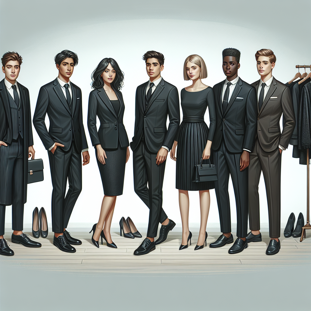 A tasteful and sophisticated scene that illustrates a range of effortless and respectful funeral attire options. Display an array of men and women of various descents including Caucasian, Hispanic, Black, Middle-Eastern, and South Asian collectively standing, showcasing their outfits. The men could be dressed in dark suits with subtle accessories like tasteful tie bars and loafers, while women could wear respectable knee-length black dresses paired with moderate heels. Dedicate at the back, a rack featuring additional options such as dark wool coats, formal shoes, and appropriate jewelry. Keep the atmosphere somber and respectful.