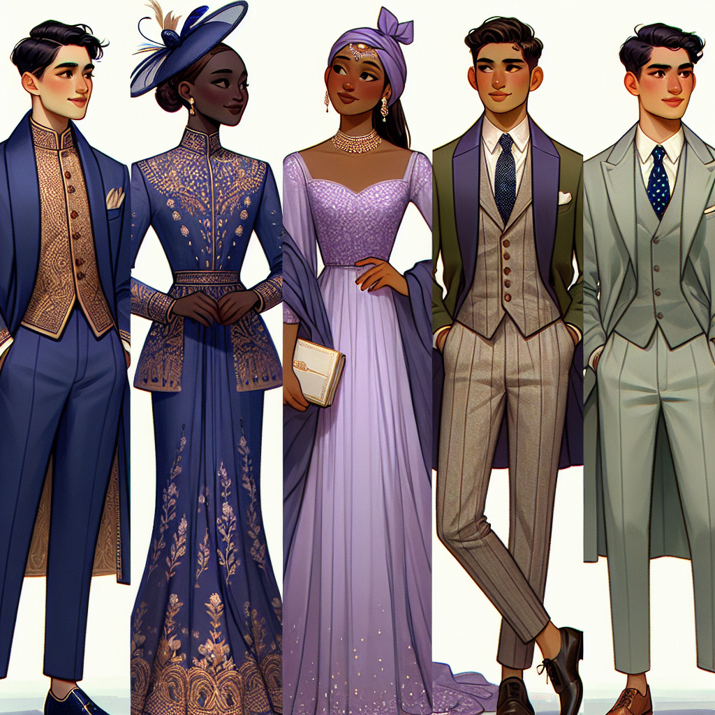 Stunning Wedding Guest Outfits for Every Style Imagine a diverse spectrum of wedding guest outfits representing all styles. Firstly, visualize a young South Asian man in a sharp, royal blue sherwani boasting beautiful gold embroidery. Secondly, picture a Black woman wearing an elegant, floor-length lavender gown complemented with a fascinator hat. Thirdly, envision a Middle-Eastern woman dressed in an olive green trouser suit, turning heads with its unique cuts and silk fabric. Lastly, observe a Caucasian man in a classic light gray suit, spicing up tradition with a playful polka dot tie. Each outfit reflecting the personalities and cultural backgrounds of the wearers in a beautiful celebration of diversity and style.