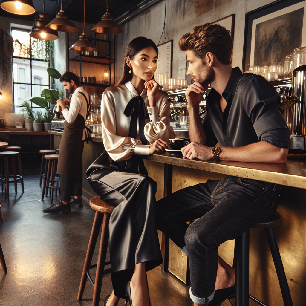 A fashion-forward and cozy coffee shop scene. A woman of South Asian descent, elegantly clad in an effortlessly chic attire consisting of a silky blouse, high-waist black trousers, and minimalist accessories. She&rsquo;s sitting at a rustic wooden table, engrossed in an intense conversation with a Caucasian man wearing a smart-casual outfit, entailing a neatly ironed shirt and dark denim jeans. Warm lighting illuminates the space, highlighting the brass details and polished concrete floor. Behind them, a barista of Hispanic descent brews a steaming pot of coffee. The shop is decorated with hanging plants, vintage wall-art, and a chalkboard menu.