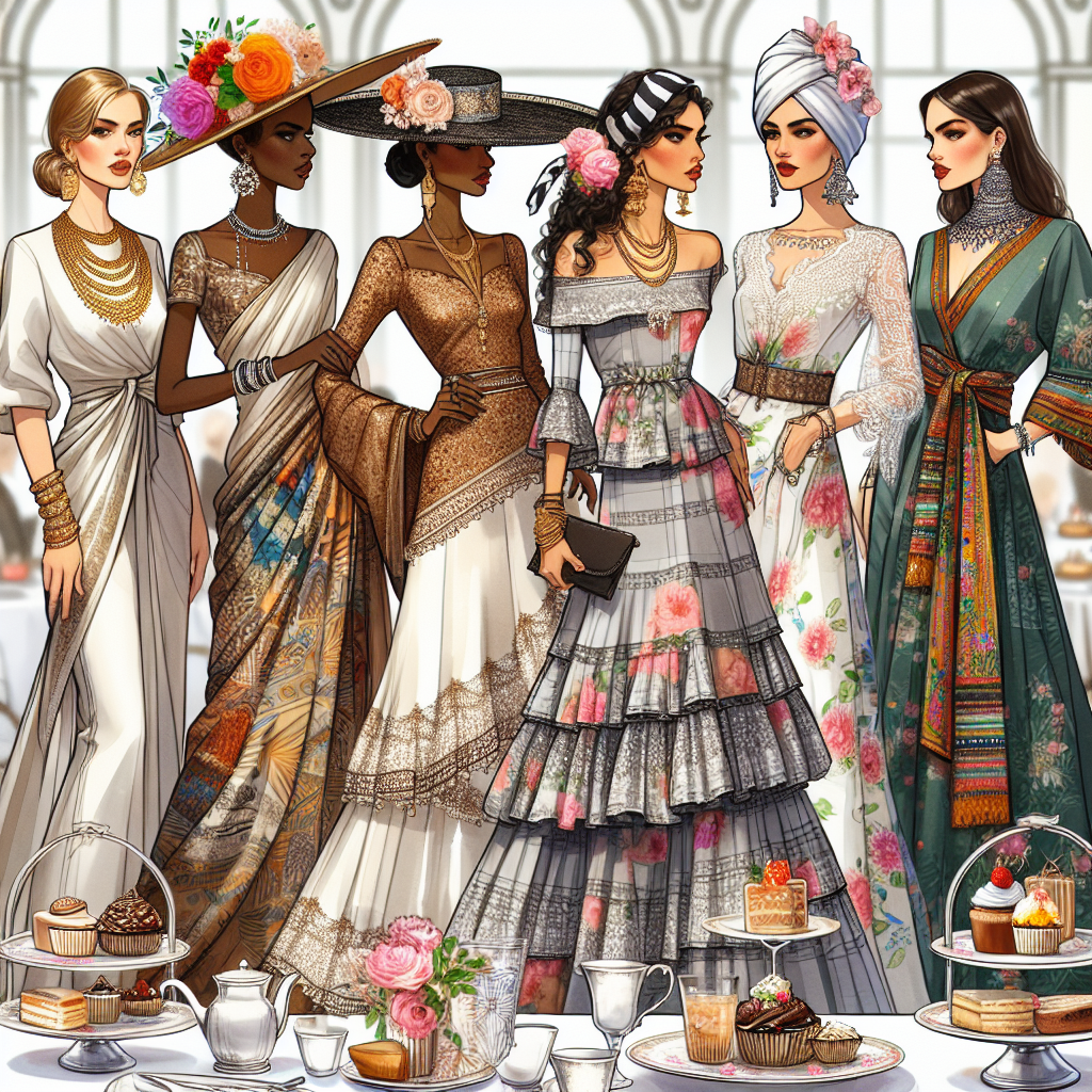 Imagine a fashion show representing a variety of high tea outfits for women from various backgrounds, each showcasing their unique style. First, we see a South Asian woman wearing a traditional silk saree paired with an intricate gold jewelry set. Next, we have a Hispanic woman in an elegant, flamenco-inspired dress with a large-brimmed hat decorated with flowers. Thirdly, picture a black woman wearing an African printed A-line dress intensified by her statement headwrap. Lastly, imagine a Middle-Eastern woman sporting a stylish kaftan adorned with sequins and pearls. The background reflects the sophisticated ambiance of a high tea party with dainty floral-patterned china, silver cake stands, and an array of sweet treats.