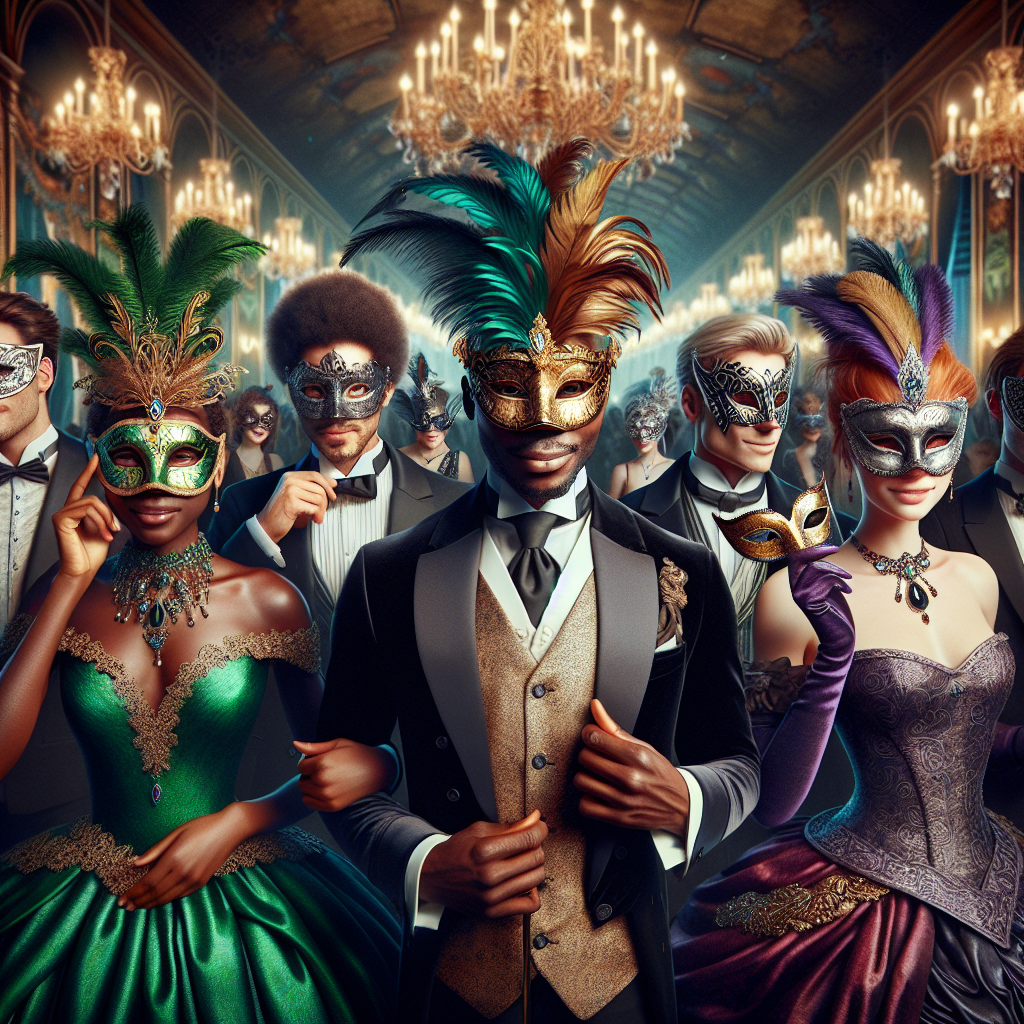 Masquerade Must-Have: Find Your Stunning Fit! Picture an ornate masquerade ball. In the center, a crowd of diverse individuals - a Black woman in an enchanting emerald gown with a golden, feathered mask; a Caucasian male wearing a dapper black suit with a silver-leaf-patterned mask; a Middle-Eastern individual in a royal purple outfit and a handsome garnet mask. Each has found the mask that suits them perfectly, their faces lit up with satisfaction and joy. Shimmering chandeliers illuminate the grand hall, and the elegantly dressed crowd radiates excitement, ready for the night of mystery and merriment ahead.