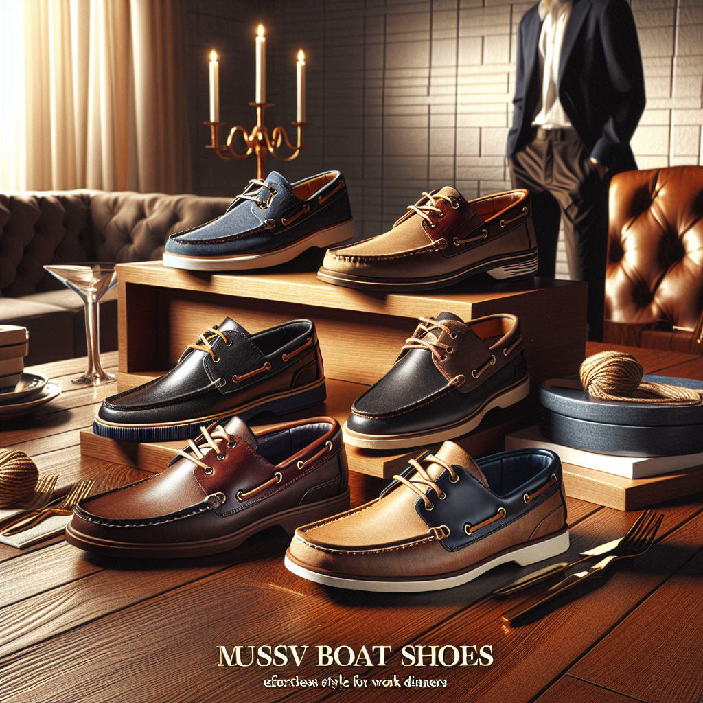 Must-Have Boat Shoes: Effortless Style for Work Dinners Create an image showcasing a collection of stylish boat shoes in diverse designs and colors such as navy blue, tan, and burgundy. The shoes are displayed on an elegant hardwood platform, arranged neatly and catch the glow of soft ambient lighting. These boat shoes have details like fine stitching, leather laces, and a comfortable rubber sole. A backdrop of an upscale, contemporary office signifies their suitability for work, while a table set with sophisticated dining ware hints at their appropriateness for dinner events. Add a tasteful gold foiled title at the top saying 'Must-Have Boat Shoes: Effortless Style for Work Dinners'.